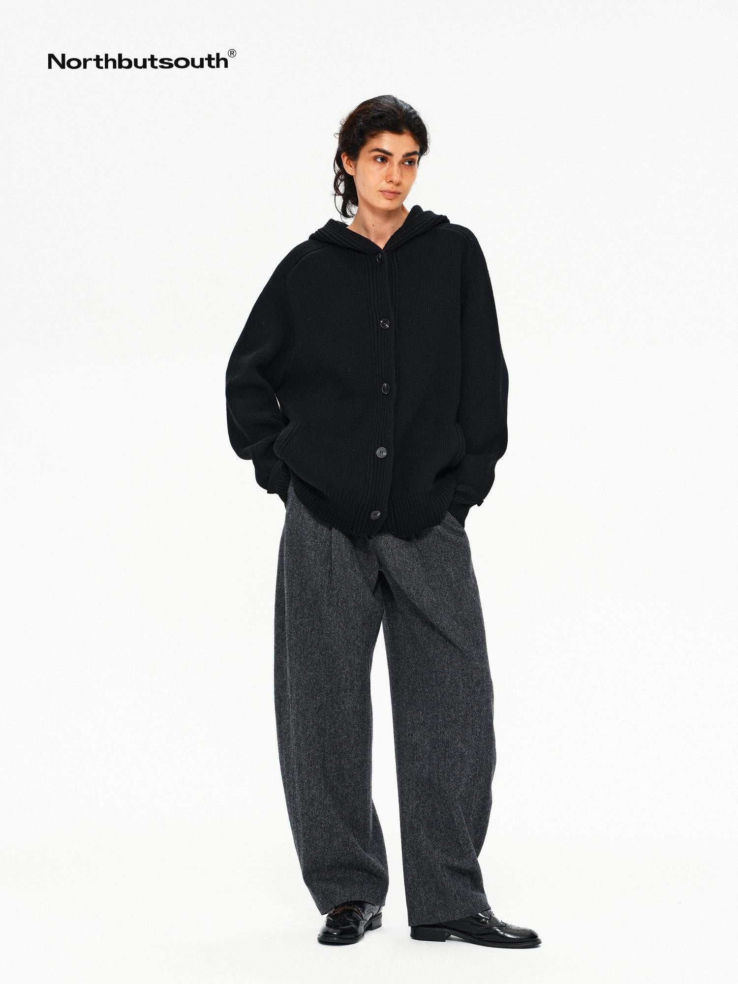 Northbutsouth Mixed Yarn Wide Placket Button Straight Hooded Women&
