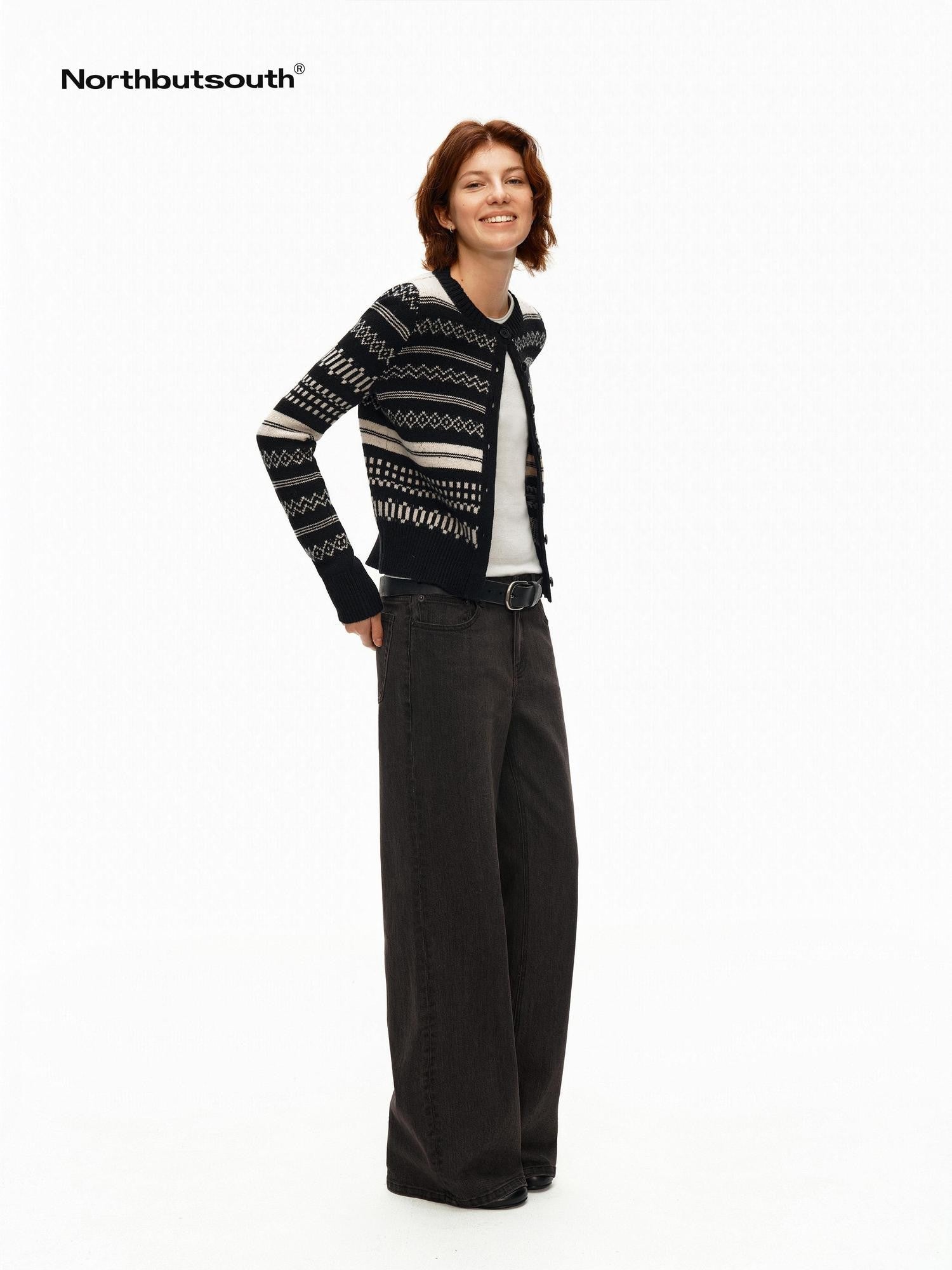 Northbutsouth Monochrome Striped Fair Isle Small Crewneck Women&