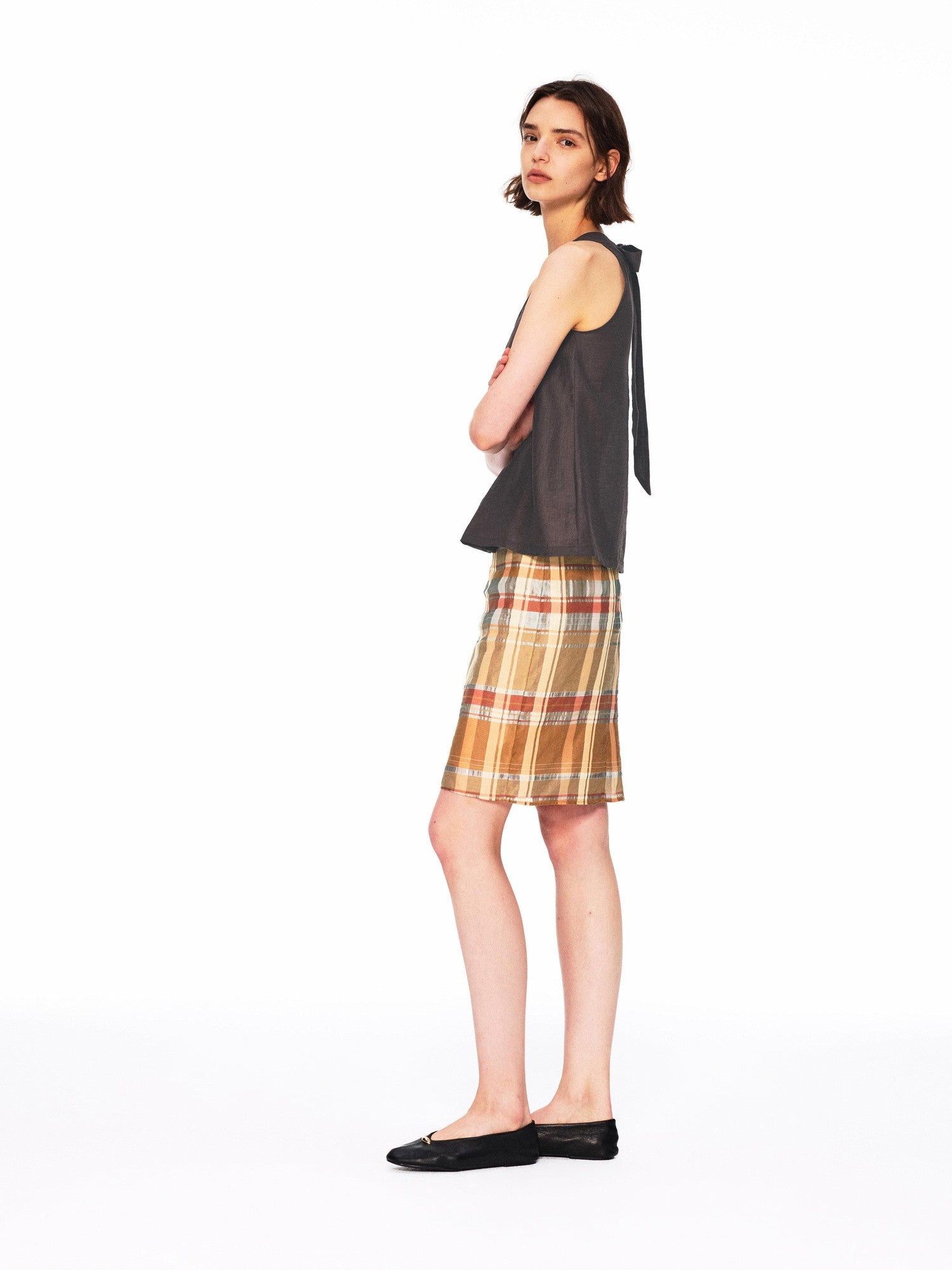 Northbutsouth Orange Plaid No Waistband H Line Cotton Silk Blend Women&