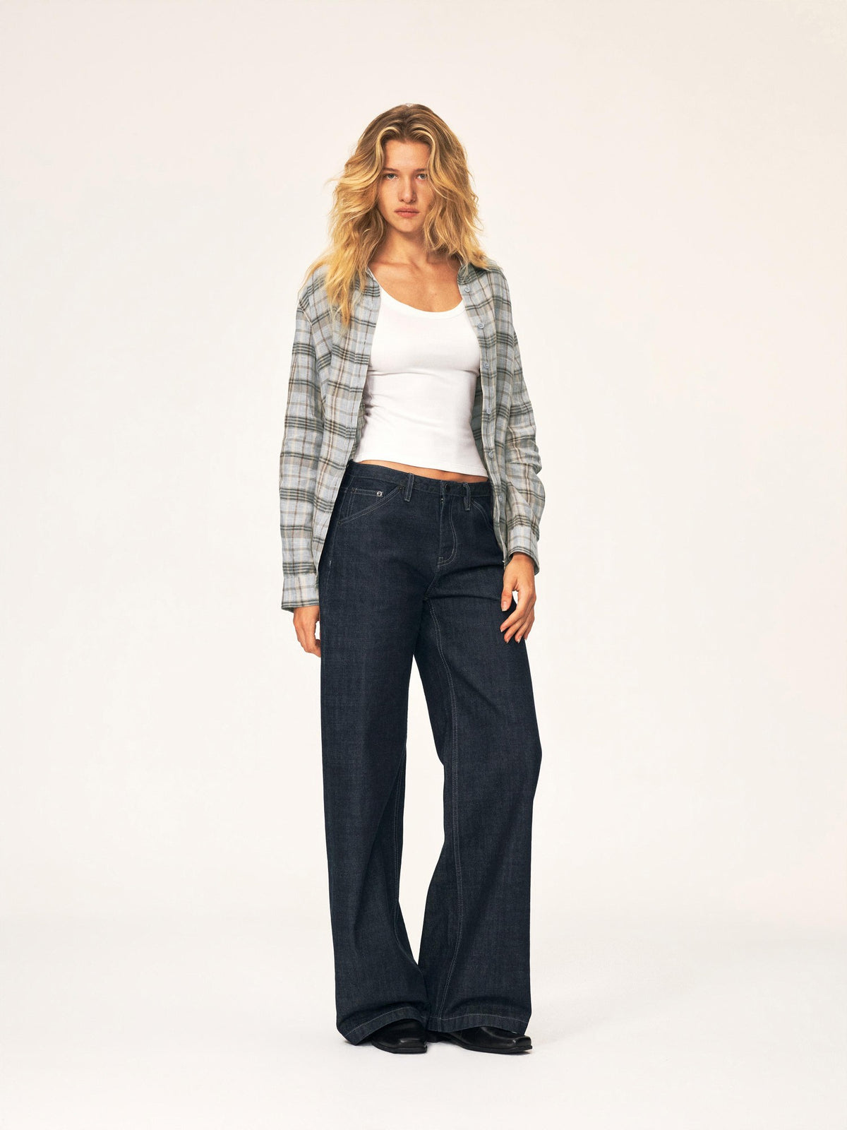 Northbutsouth Plaid Square Neck Button Front Long Sleeve 100% Linen Women&