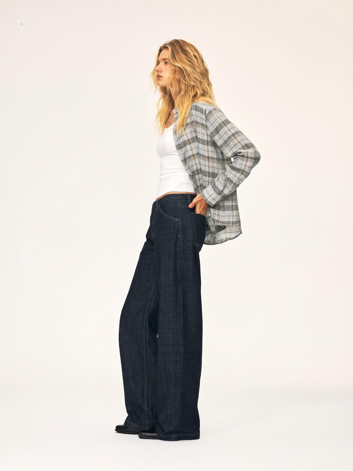 Northbutsouth Plaid Square Neck Button Front Long Sleeve 100% Linen Women&