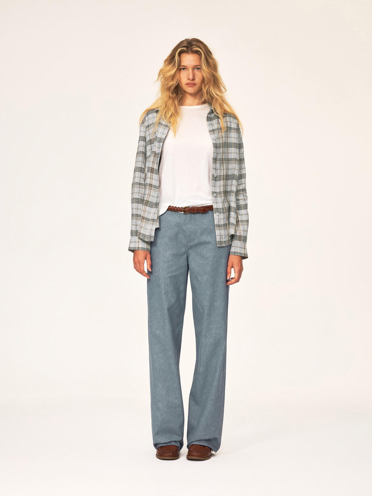 Northbutsouth Plaid Square Neck Button Front Long Sleeve 100% Linen Women&