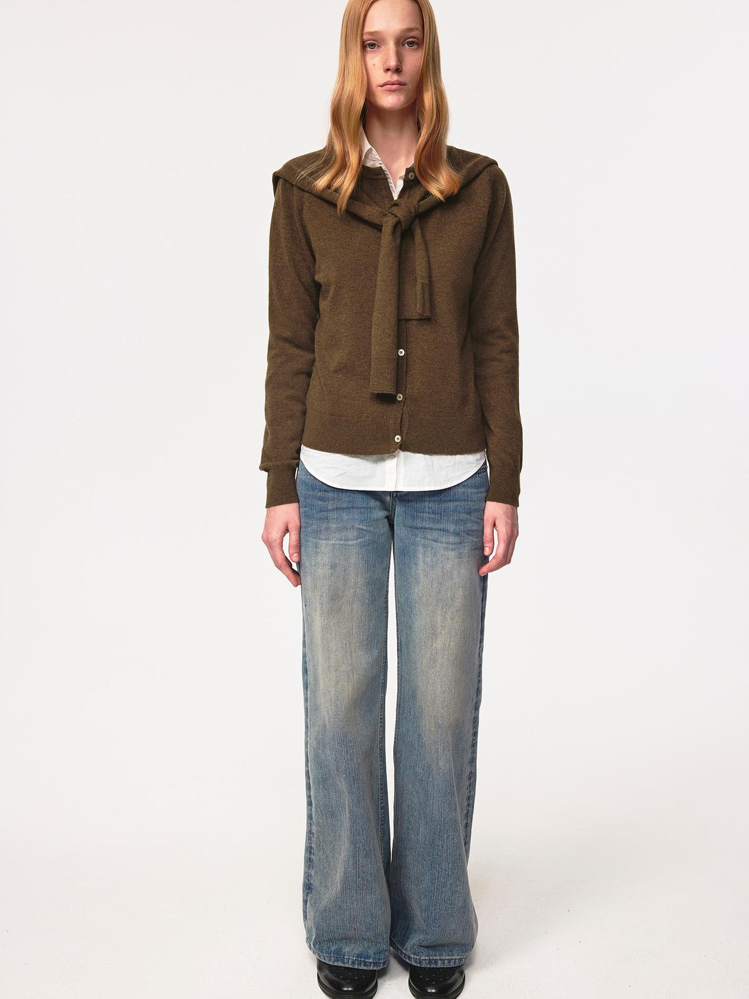 Northbutsouth Pure Wool Two Tone Round Neck Knit Cardigan