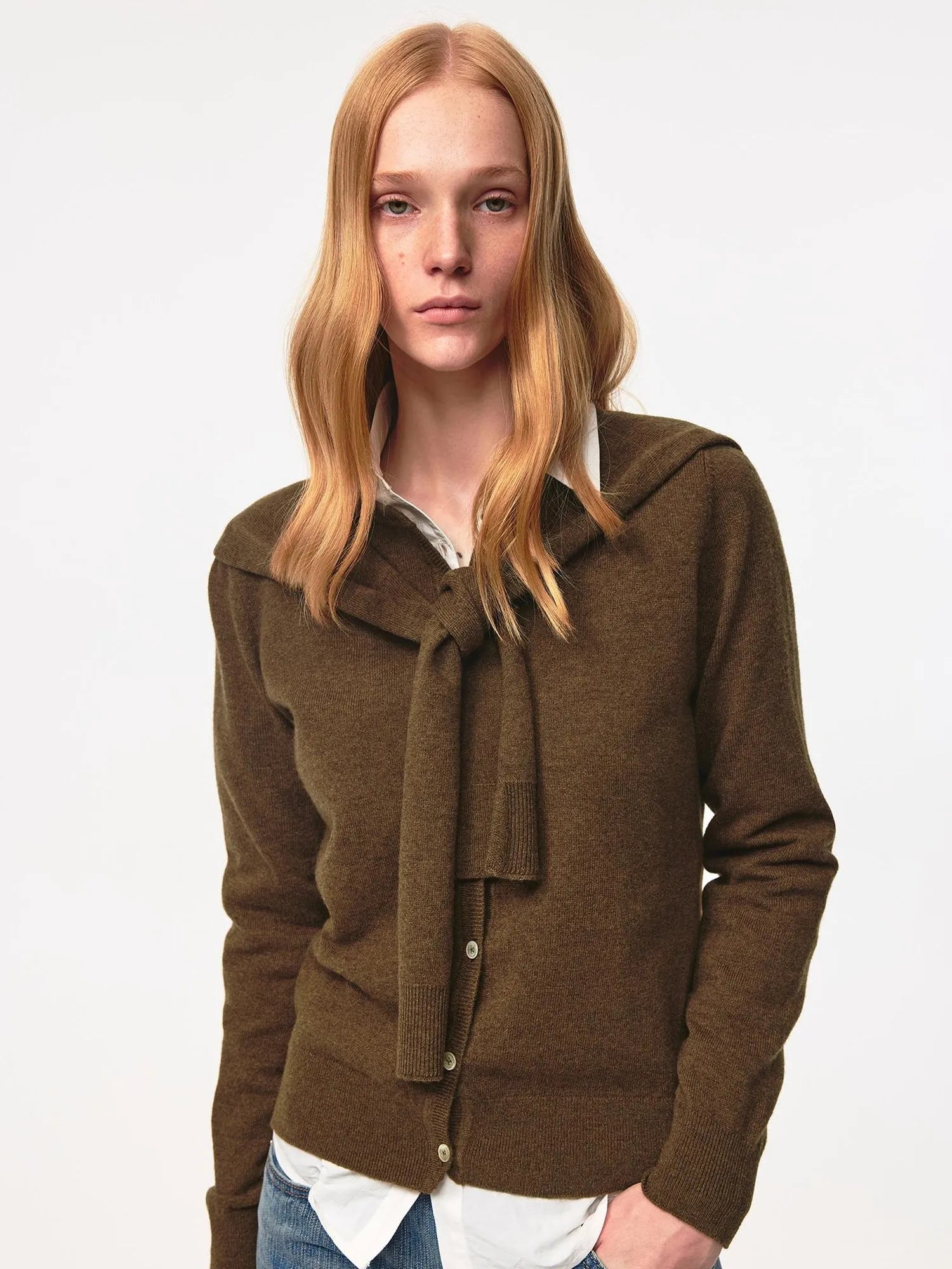 Pure Wool Two Tone Round Neck Knit Cardigan