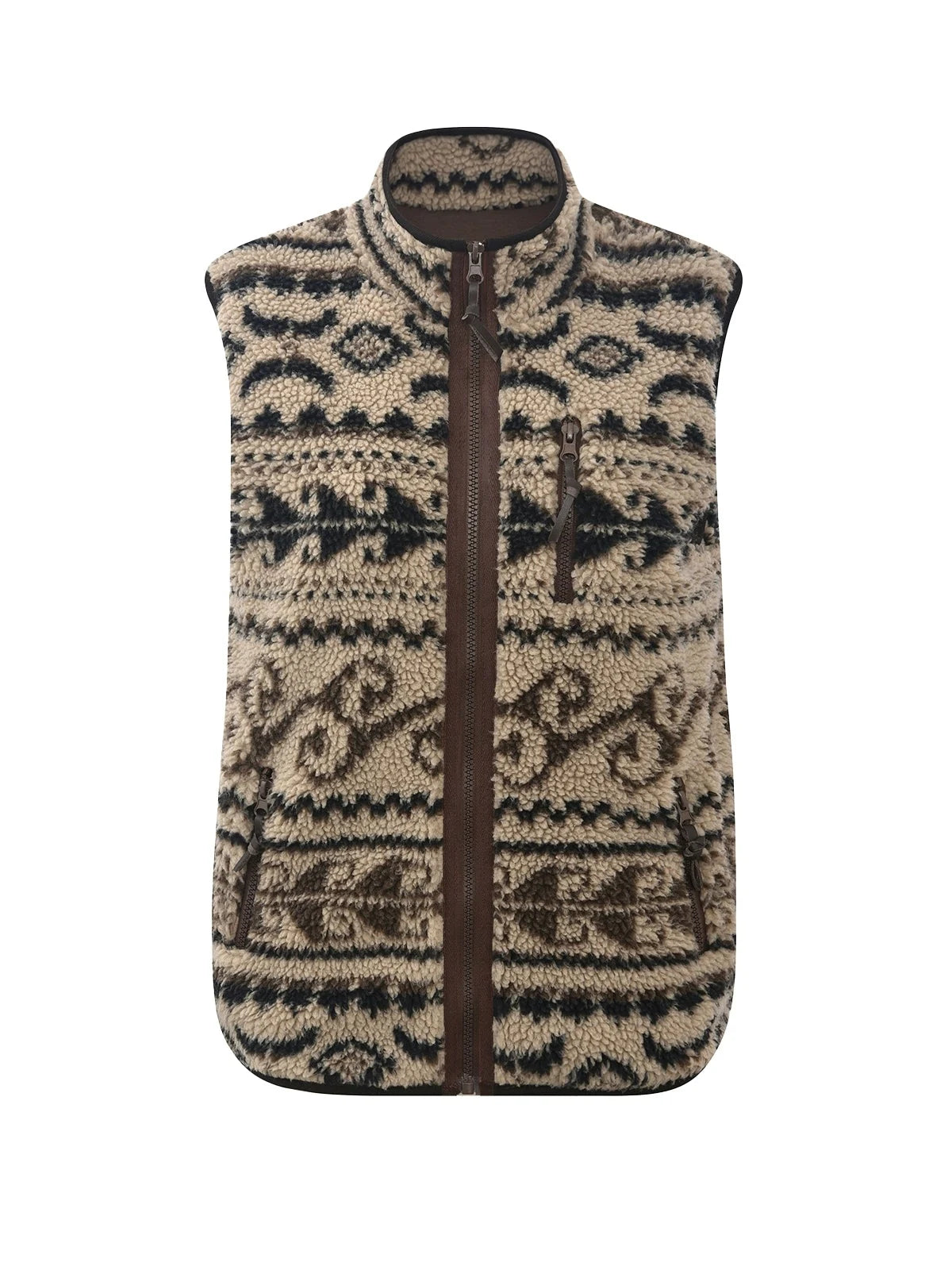 Retro High Neck Fleece Zip Vest With Lamb Wool Pattern