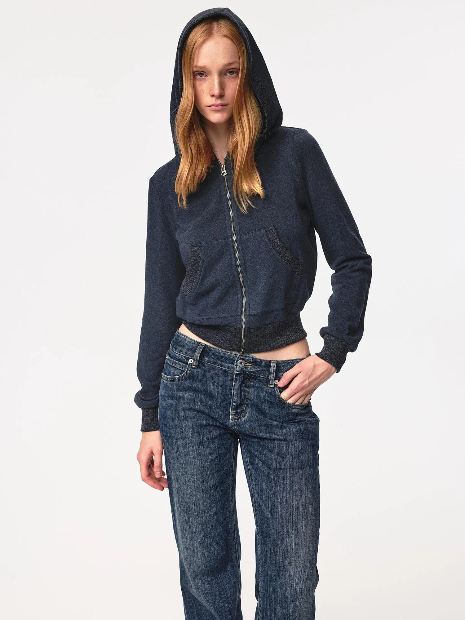 Ribbed Knit Trim Dual Zip Hooded Crop Jacket