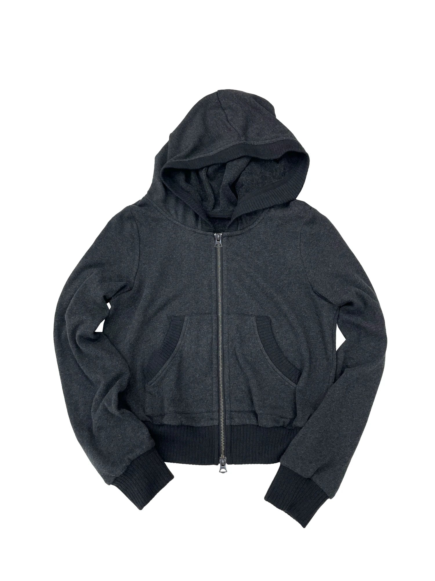 Ribbed Knit Trim Dual Zip Hooded Crop Jacket