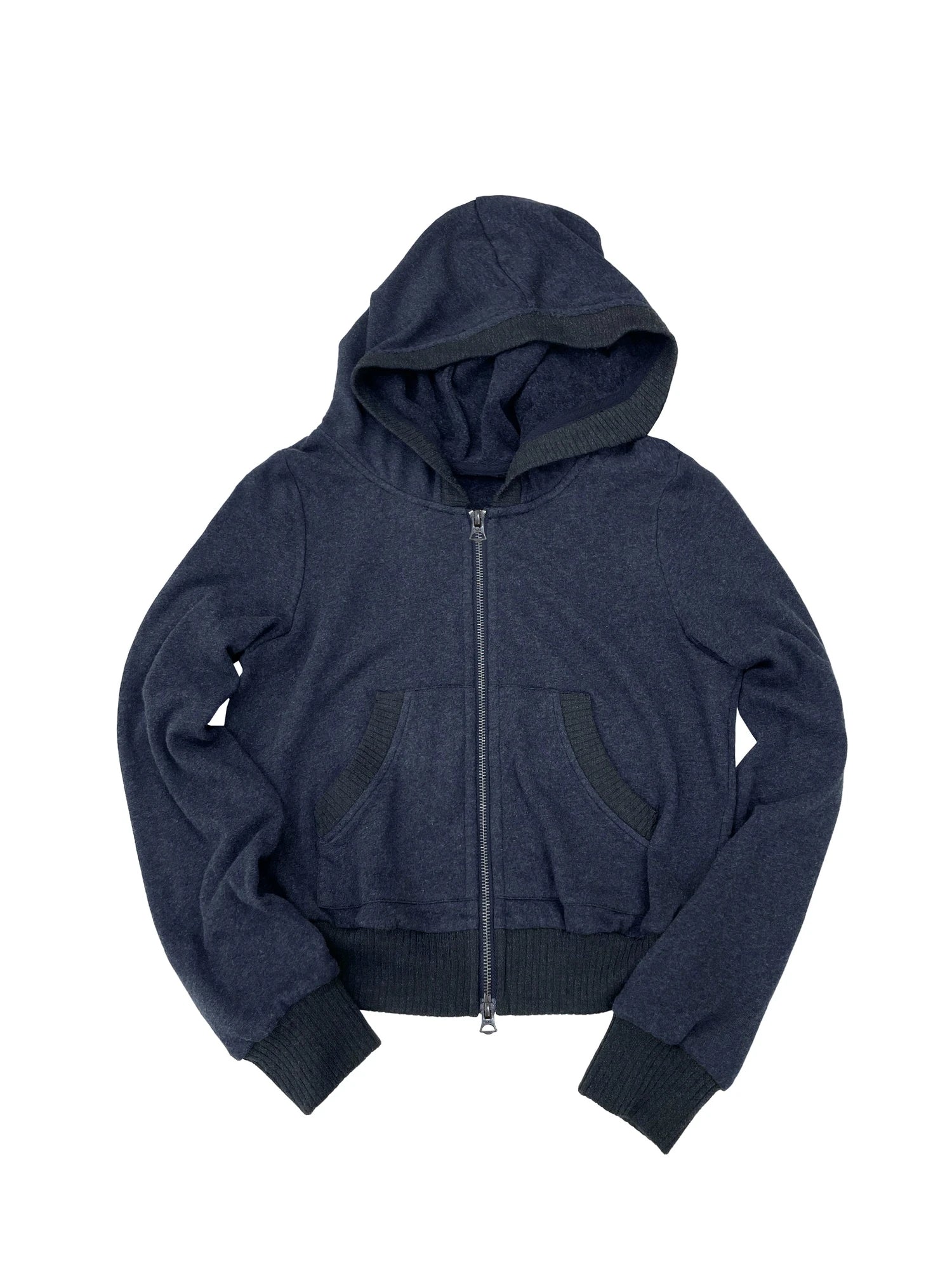 Ribbed Knit Trim Dual Zip Hooded Crop Jacket