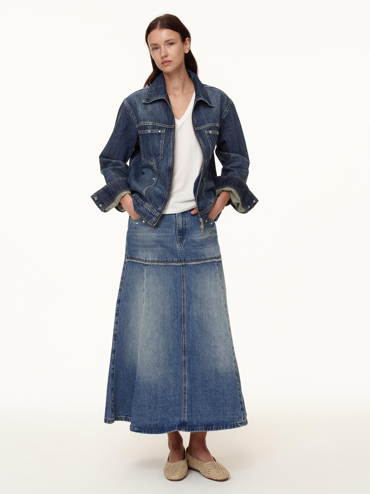 Northbutsouth Rivet Detail Raw Hem Denim A Line Midi Skirt