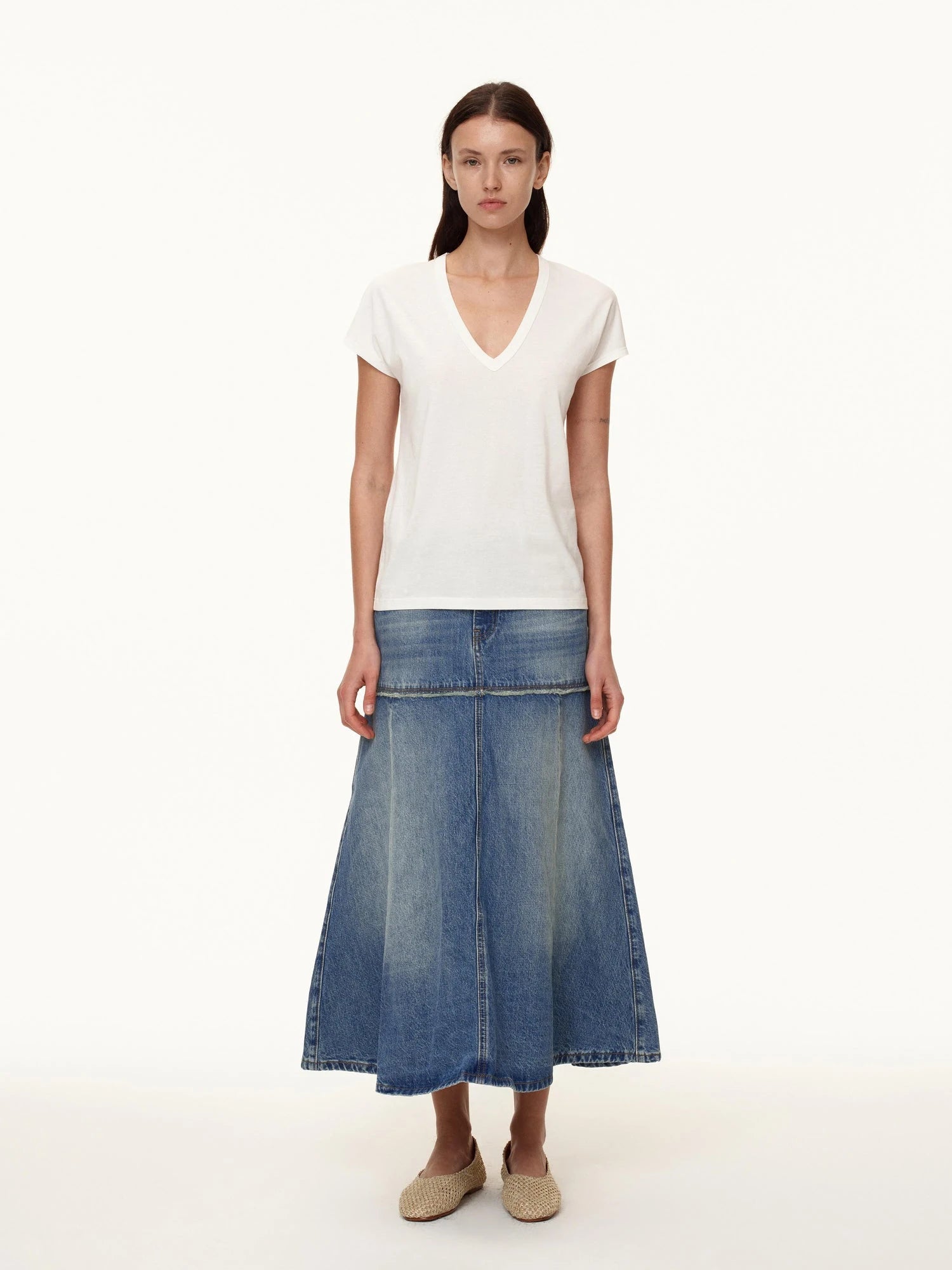 Rivet Detail Raw Hem Denim A Line Midi Skirt