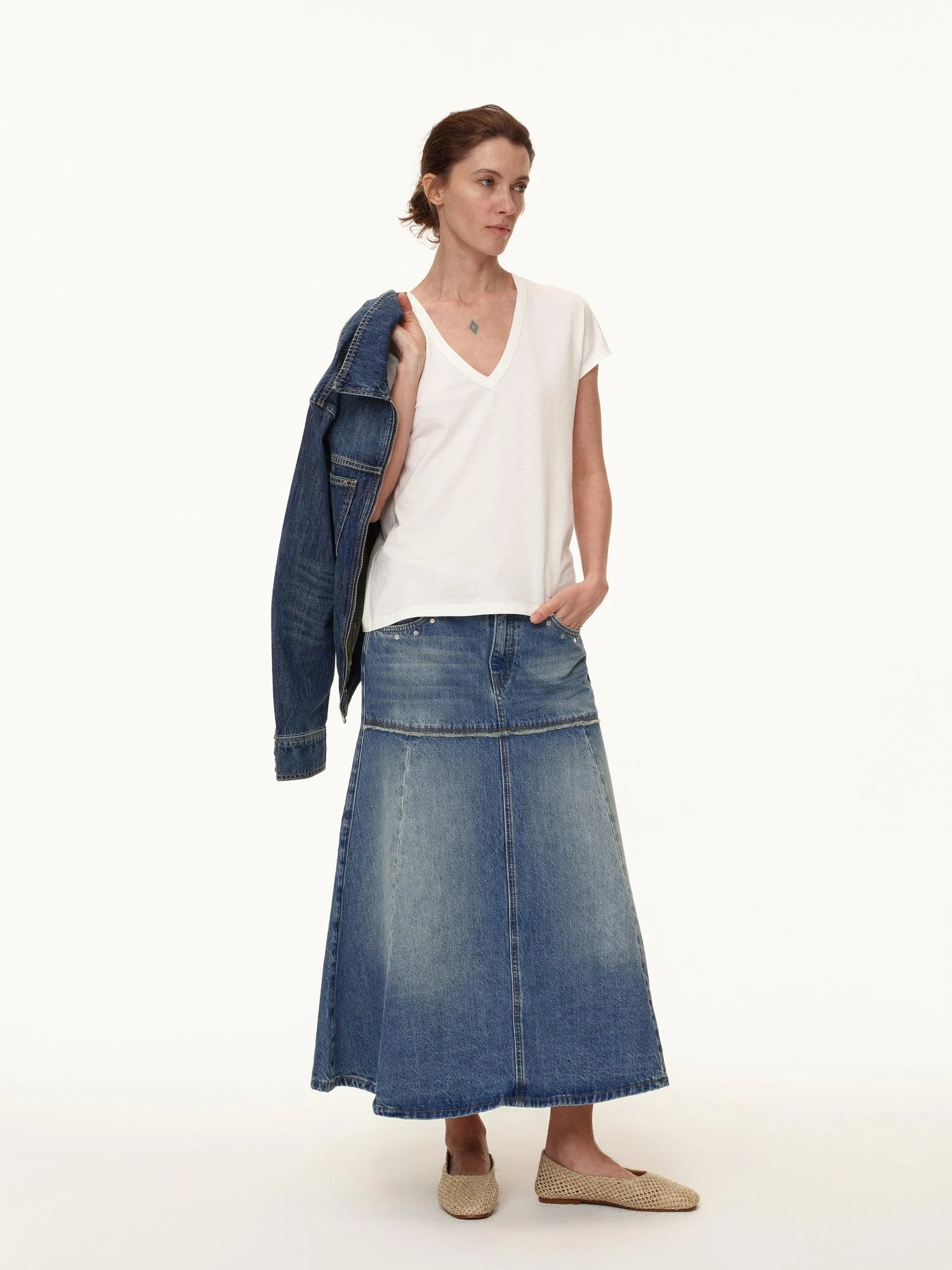 Rivet Detail Raw Hem Denim A Line Midi Skirt