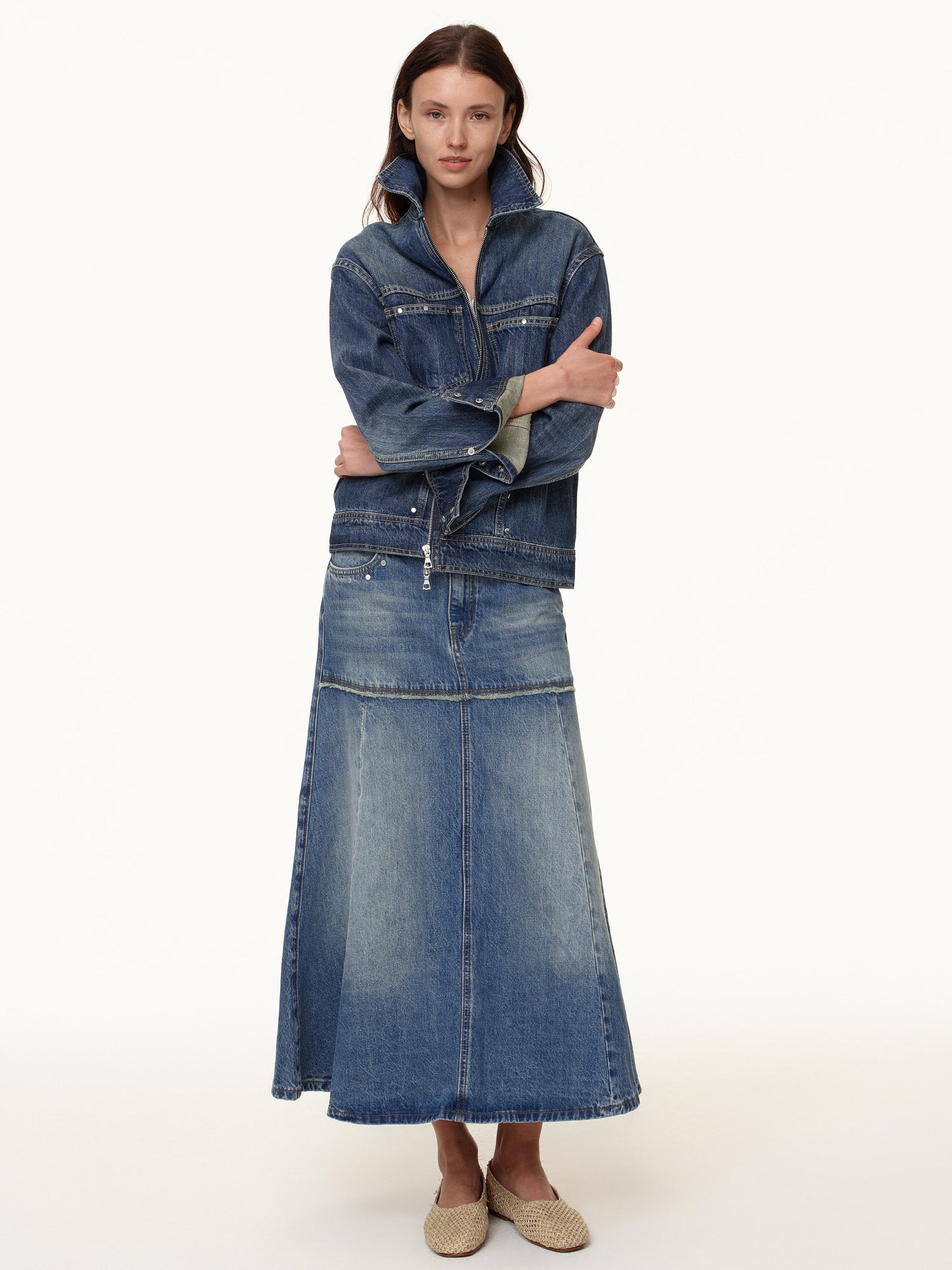 Northbutsouth Rivet Detail Raw Hem Denim A Line Midi Skirt