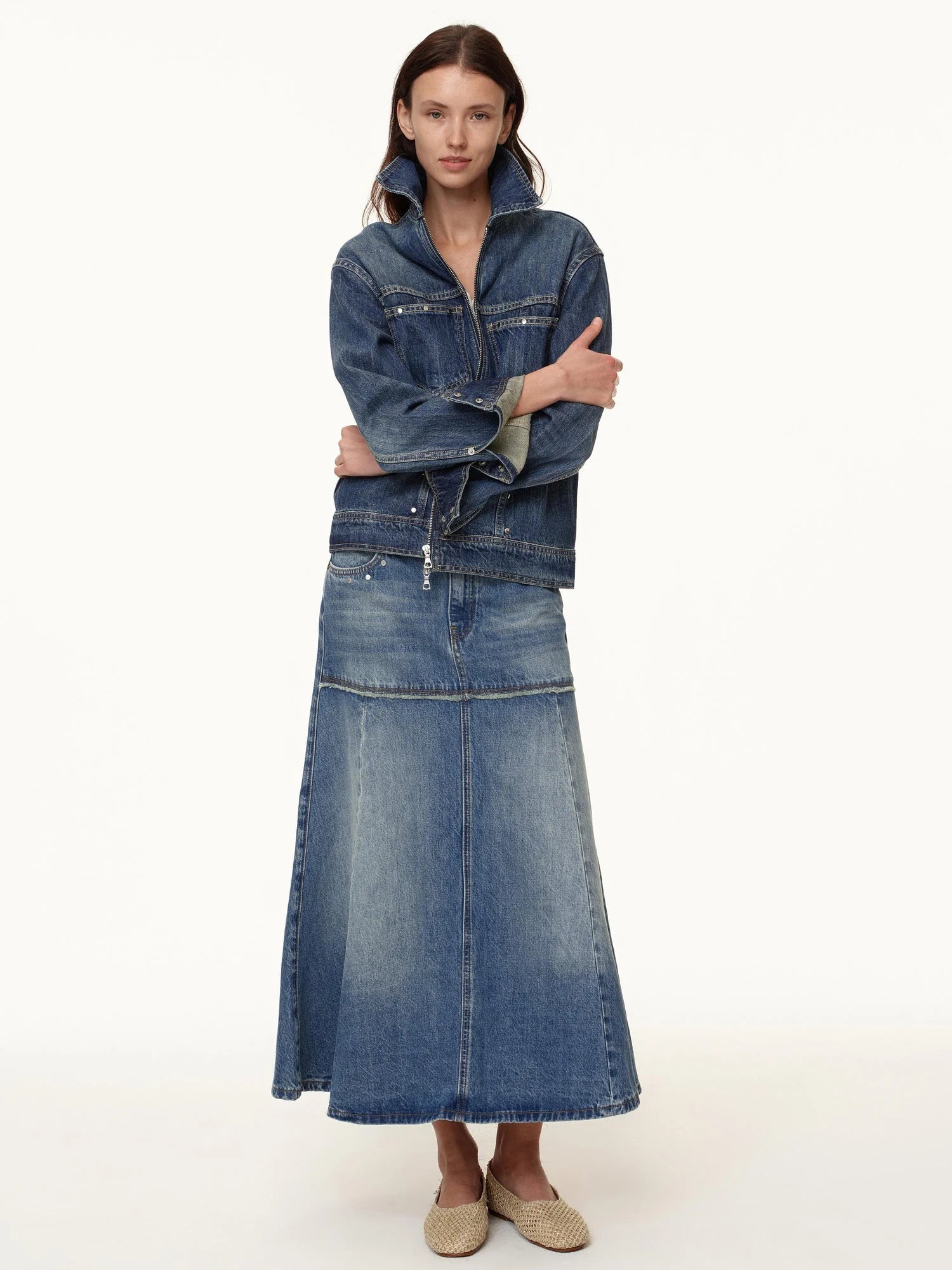 Rivet Detail Raw Hem Denim A Line Midi Skirt