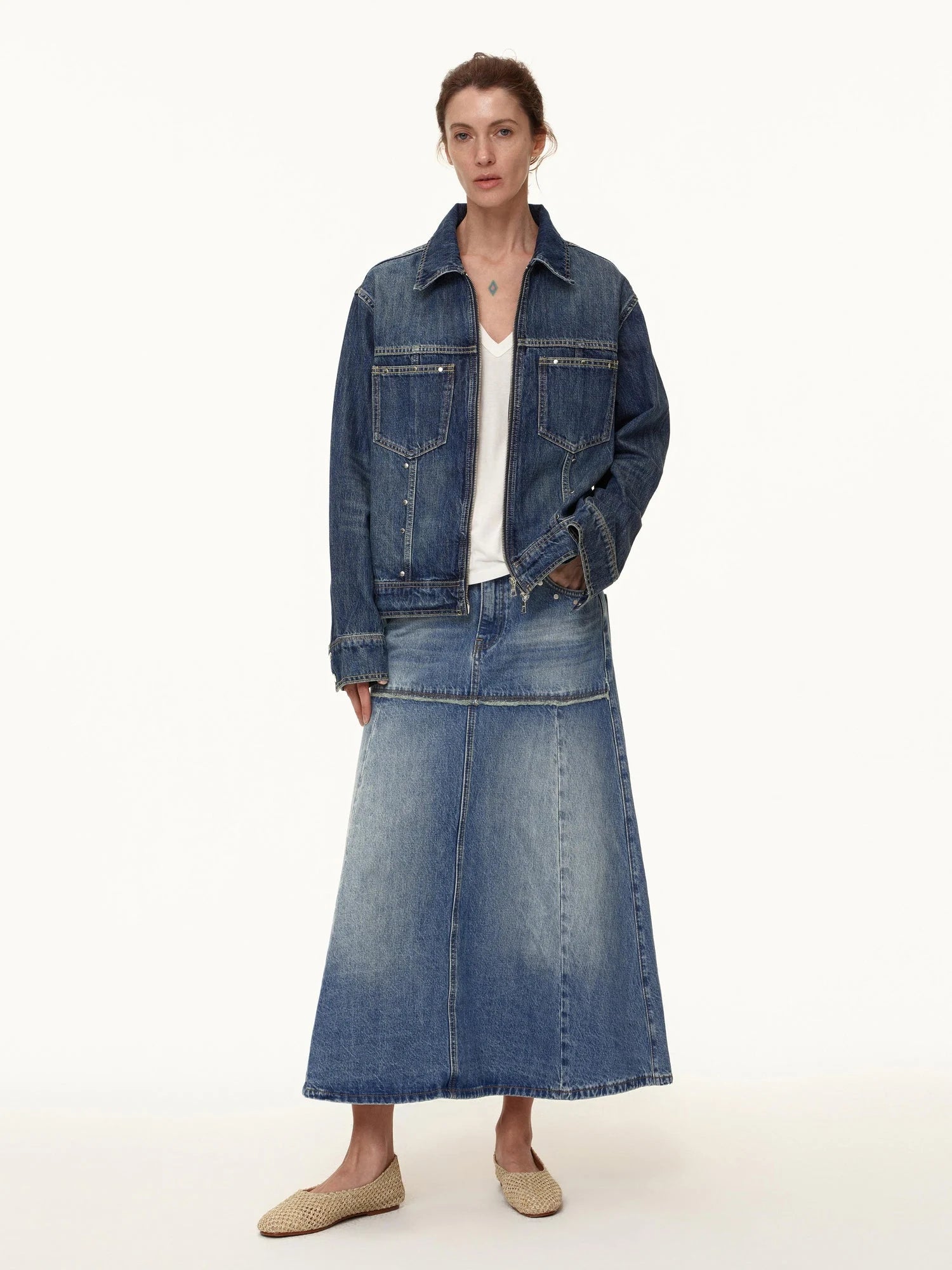 Rivet Detail Raw Hem Denim A Line Midi Skirt