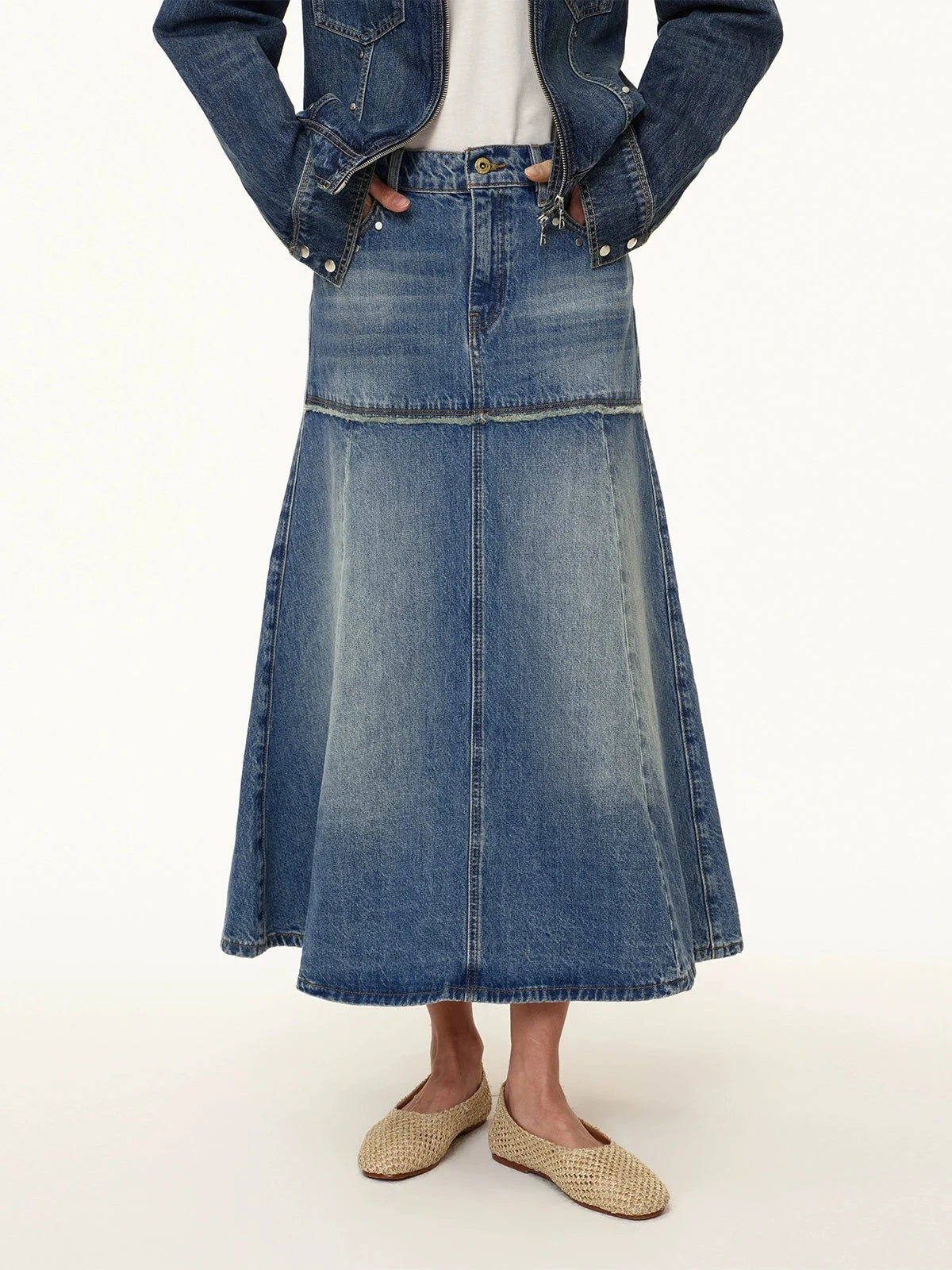 Rivet Detail Raw Hem Denim A Line Midi Skirt