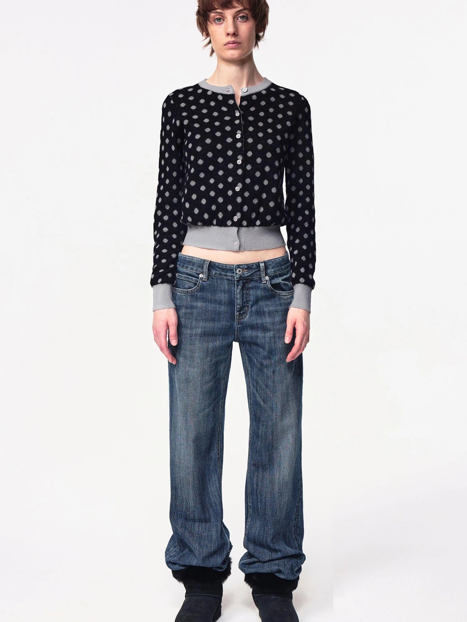 Round Neck Black Gray Polka Dot Waist Cropped Cardigan