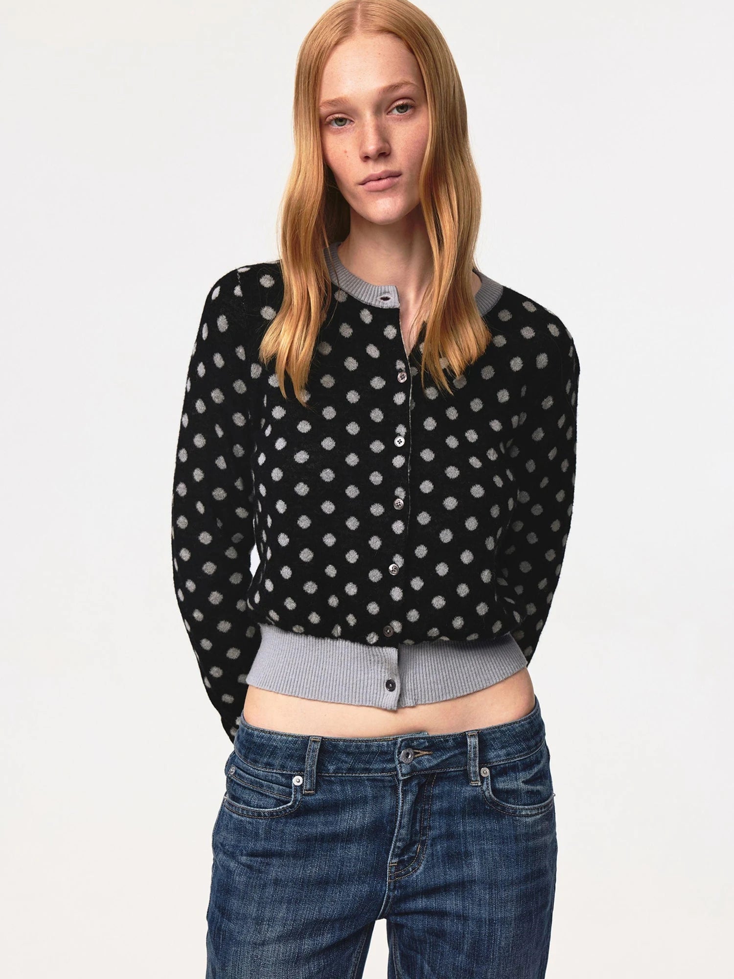 Round Neck Black Gray Polka Dot Waist Cropped Cardigan