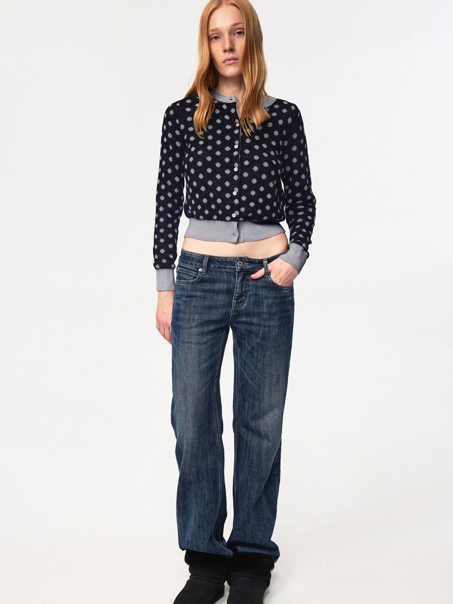 Northbutsouth Round Neck Black Gray Polka Dot Waist Cropped Cardigan