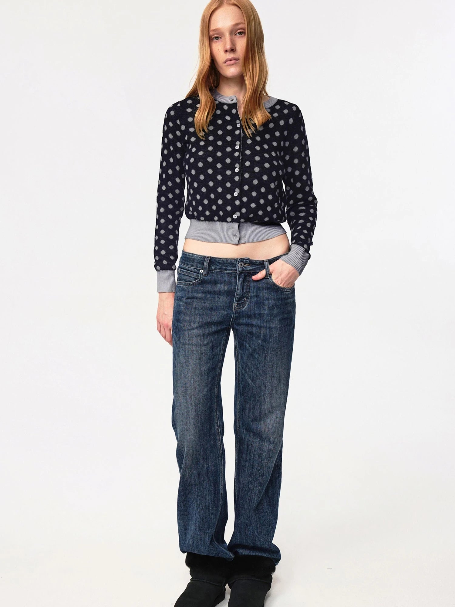 Round Neck Black Gray Polka Dot Waist Cropped Cardigan