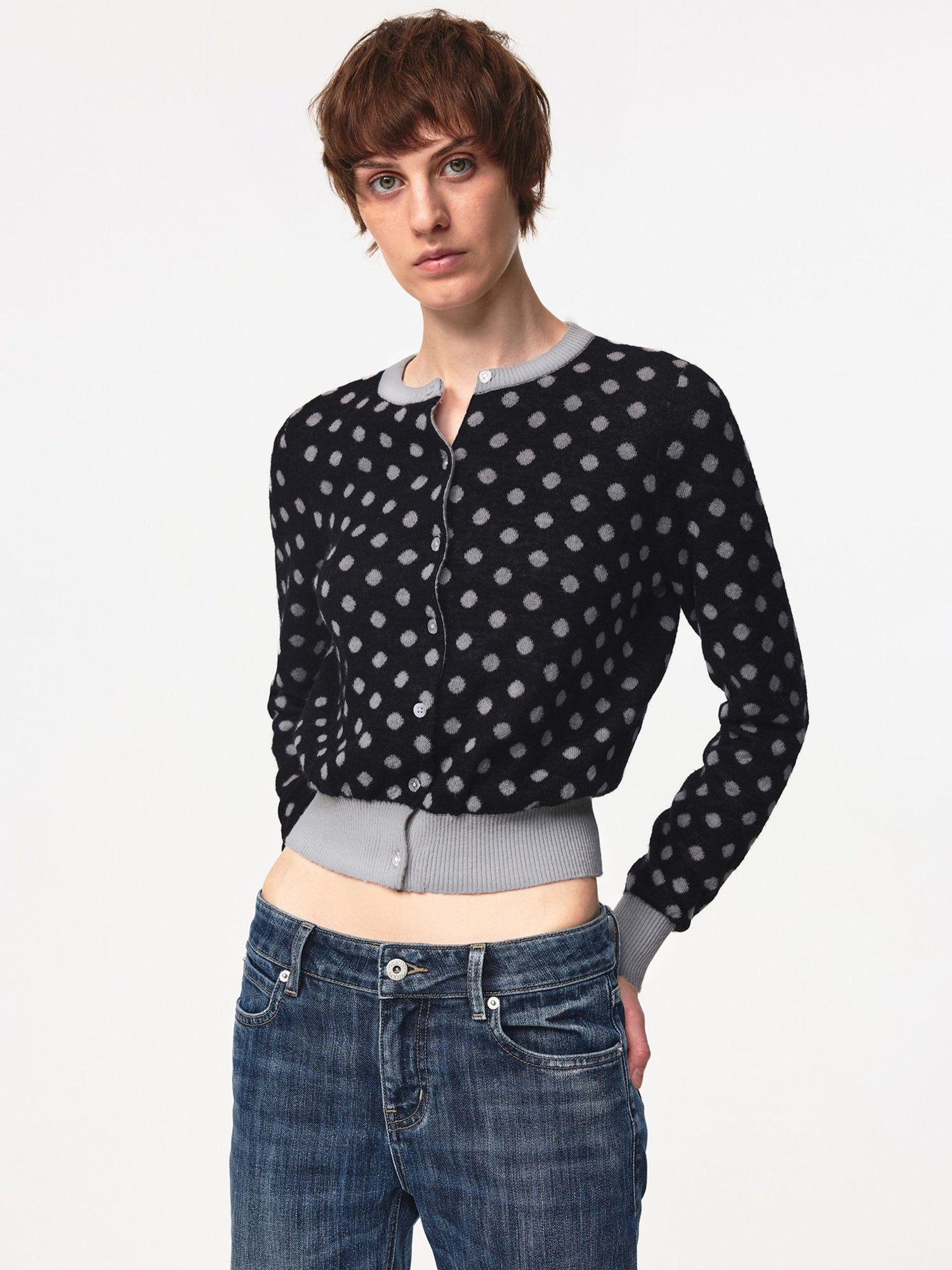 Northbutsouth Round Neck Black Gray Polka Dot Waist Cropped Cardigan