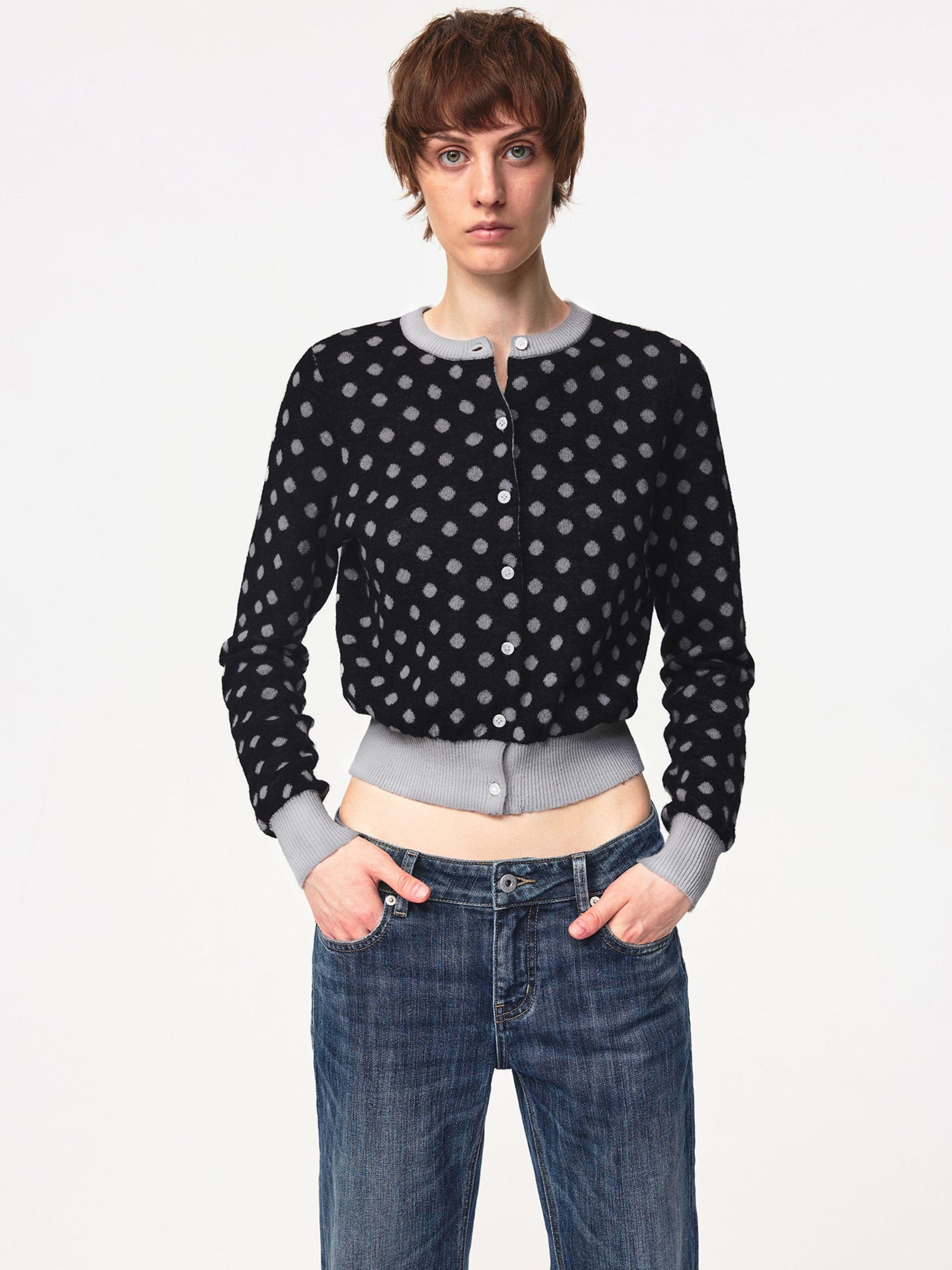 Northbutsouth Round Neck Black Gray Polka Dot Waist Cropped Cardigan