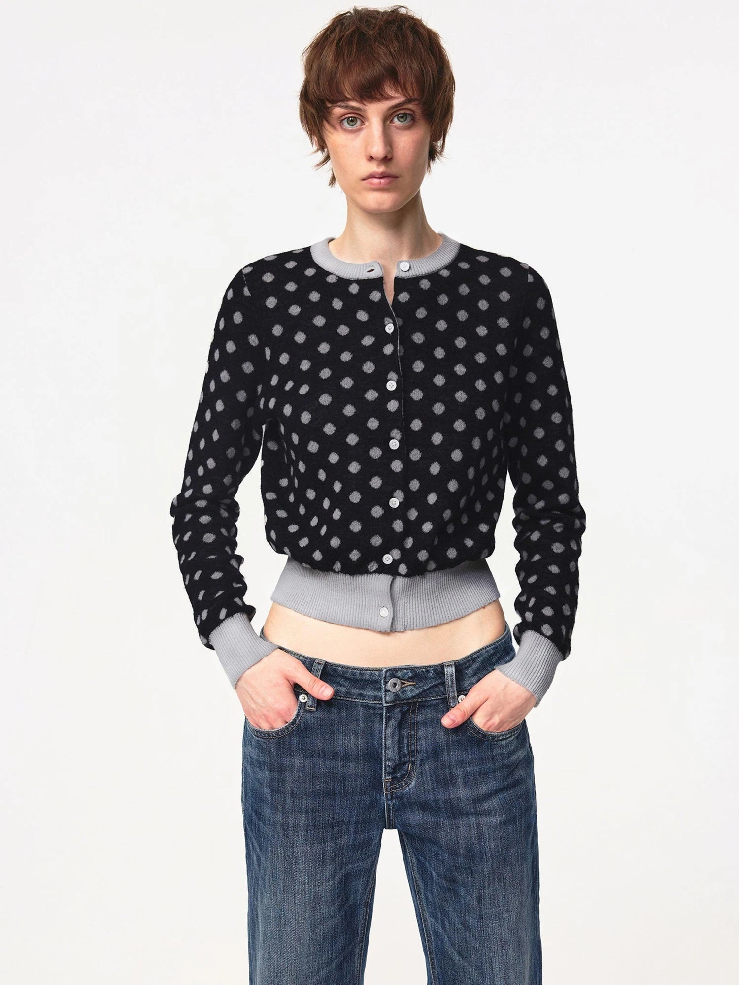 Round Neck Black Gray Polka Dot Waist Cropped Cardigan