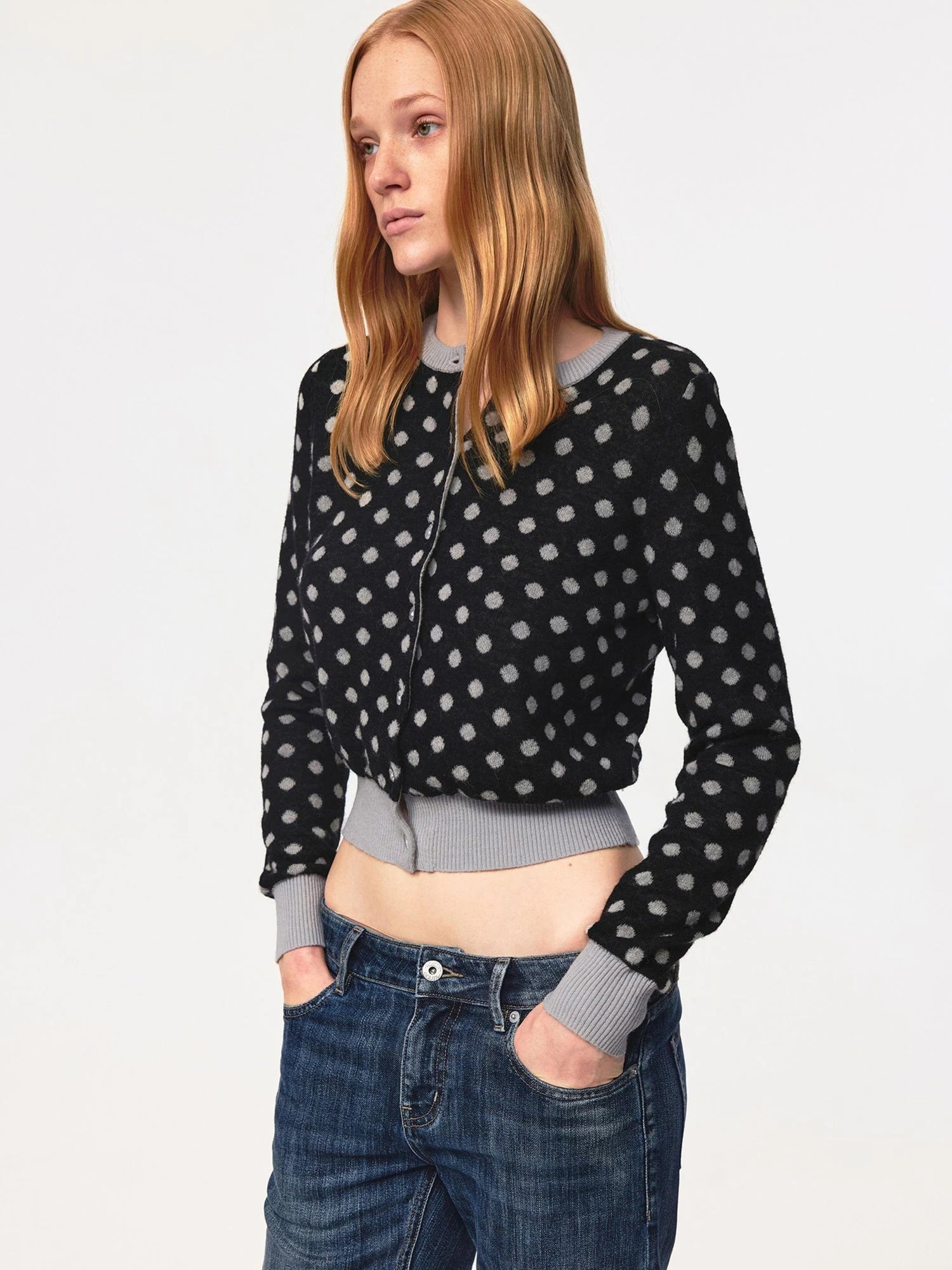 Round Neck Black Gray Polka Dot Waist Cropped Cardigan