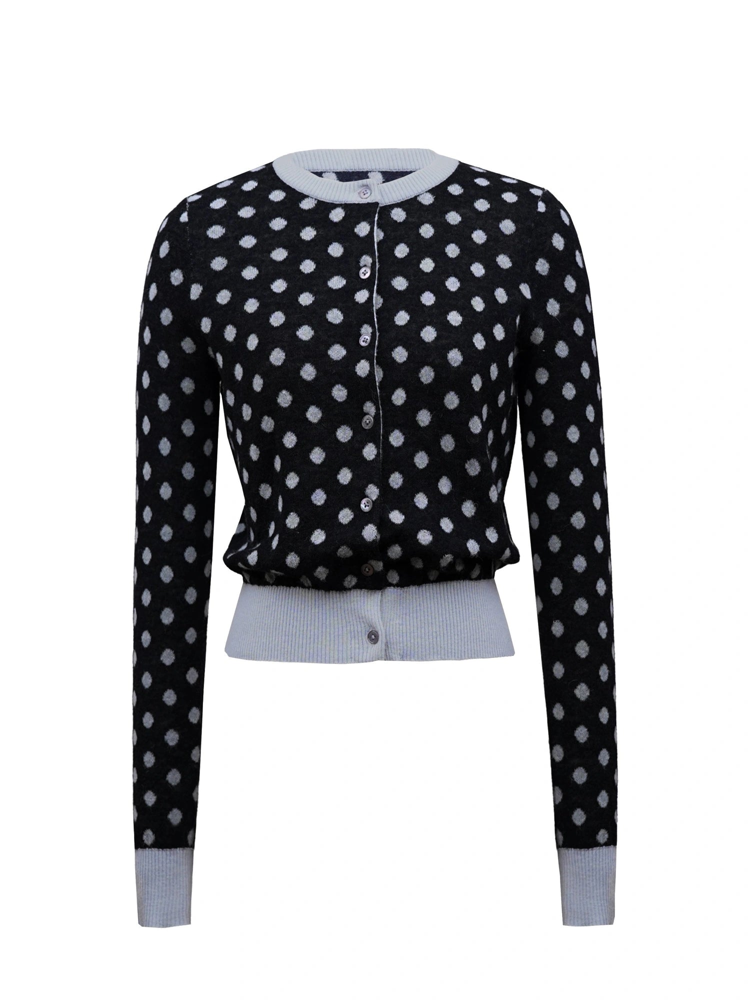 Round Neck Black Gray Polka Dot Waist Cropped Cardigan