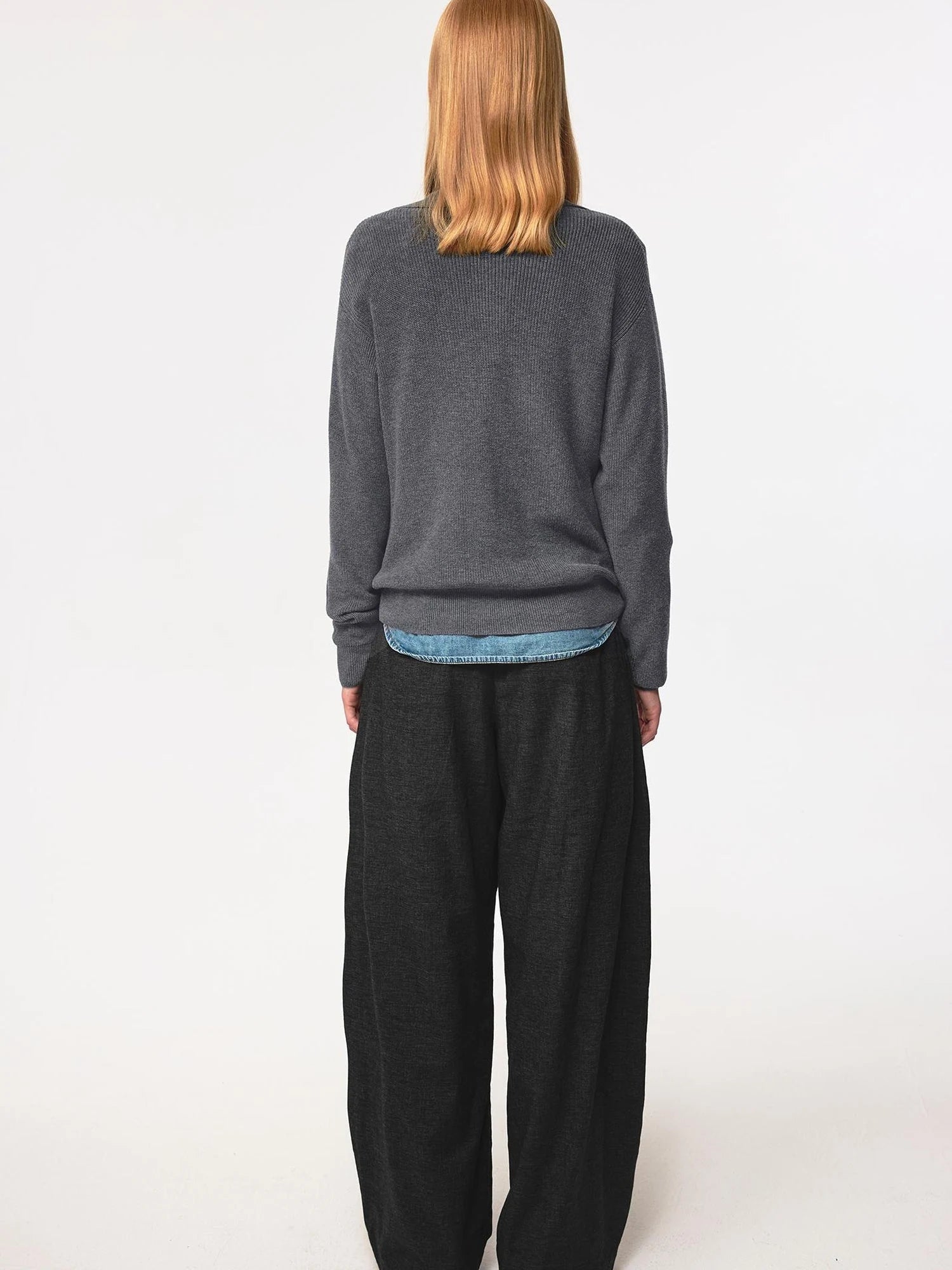 Semi Collar Loose Stack Knit Polo Top