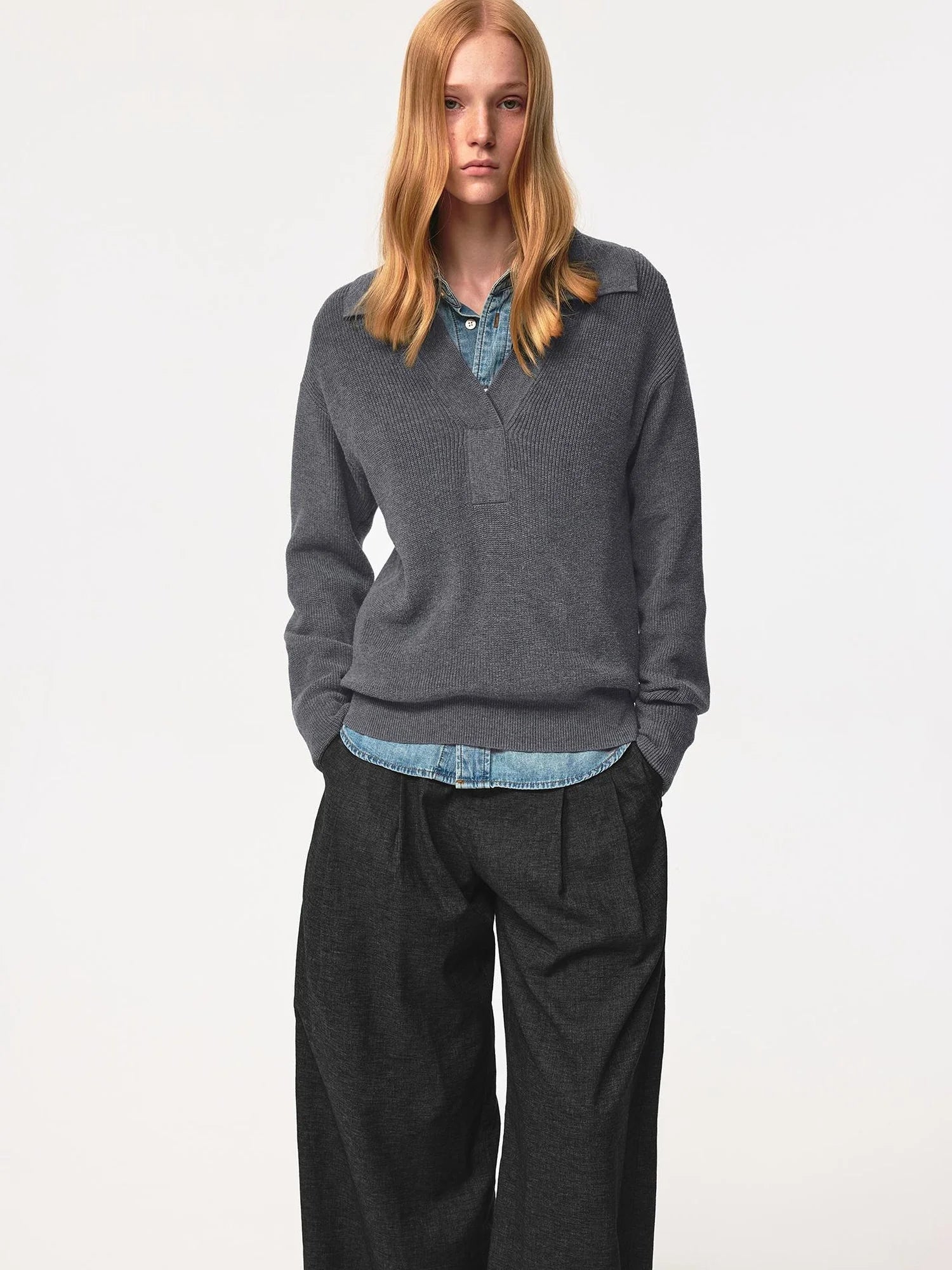 Semi Collar Loose Stack Knit Polo Top