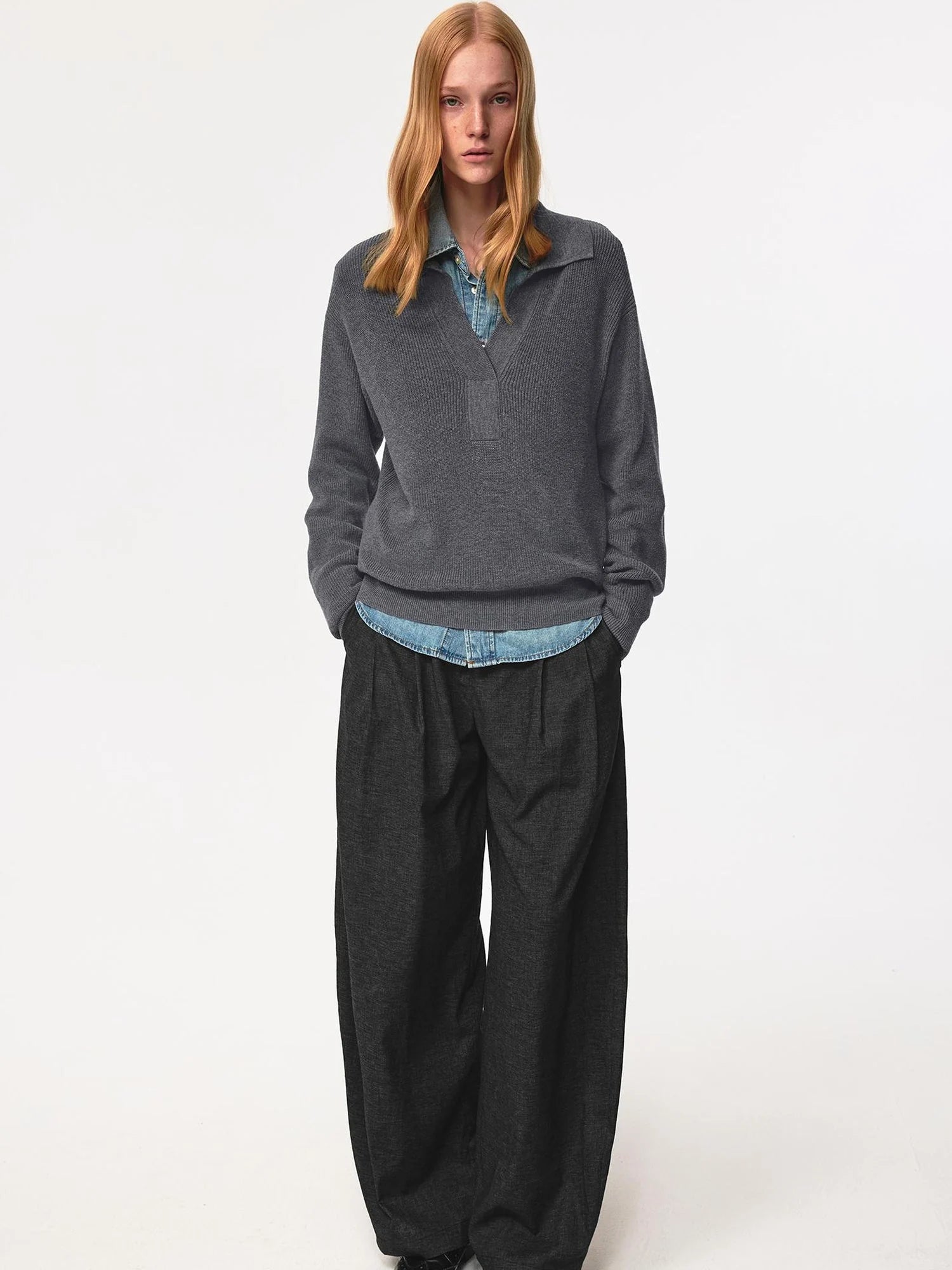 Semi Collar Loose Stack Knit Polo Top