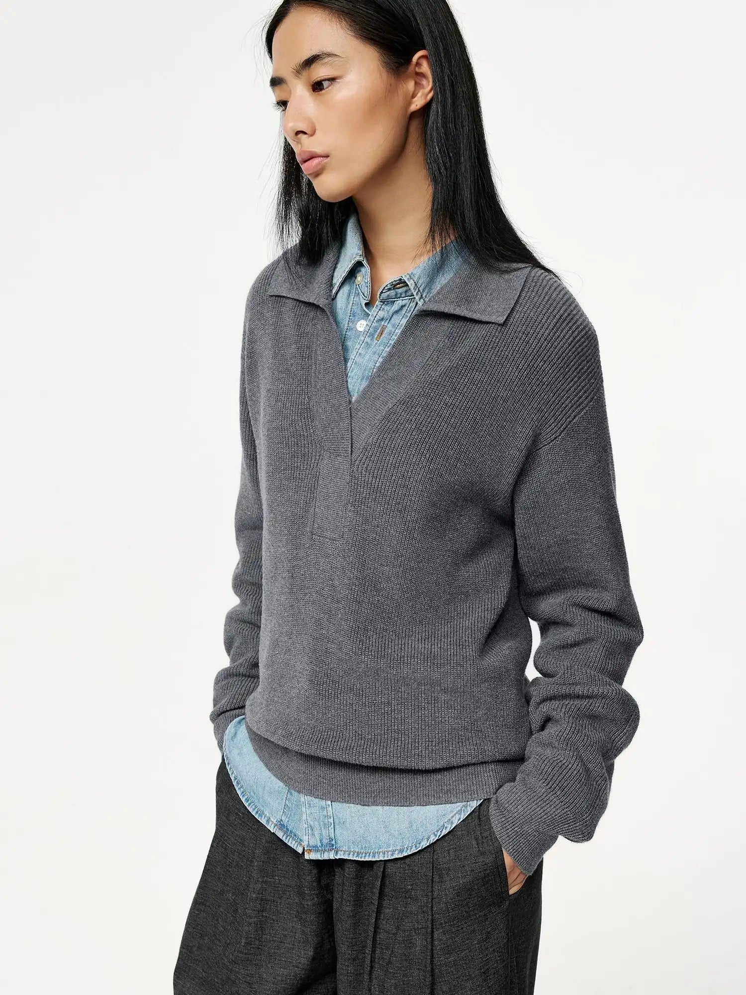 Semi Collar Loose Stack Knit Polo Top