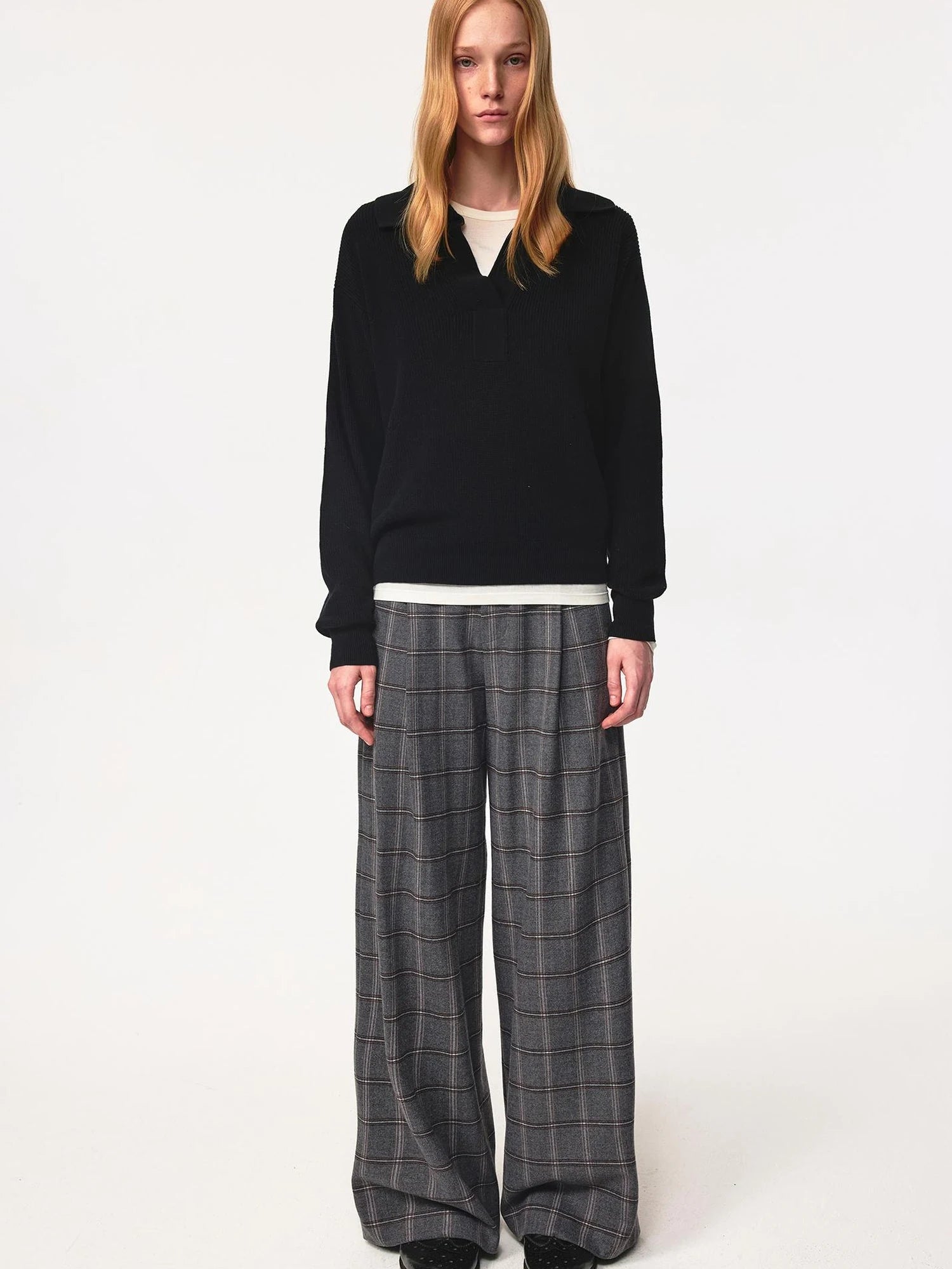 Semi Collar Loose Stack Knit Polo Top