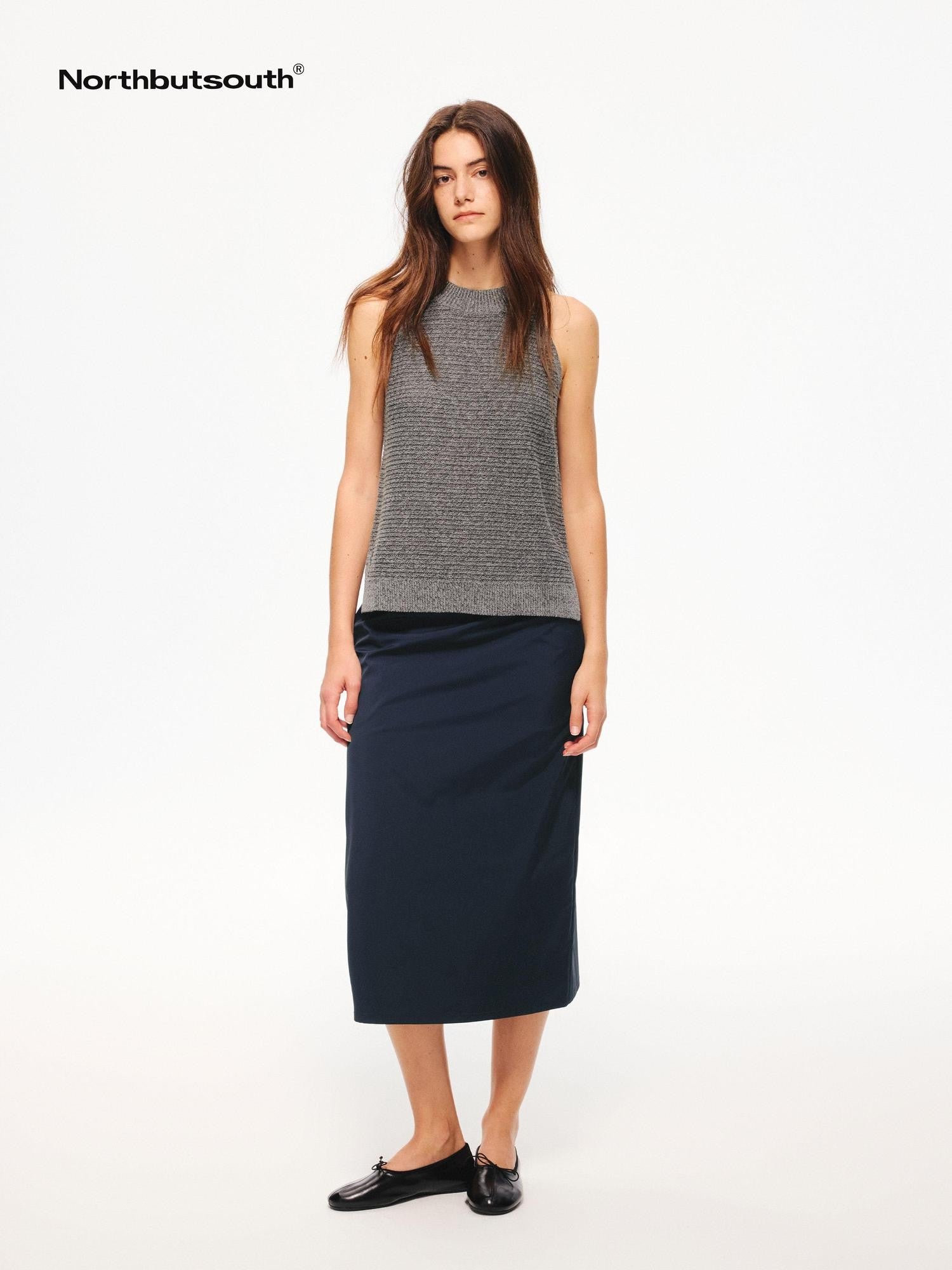 Northbutsouth Shiny A Line Back Slit Elastic Waist Women&
