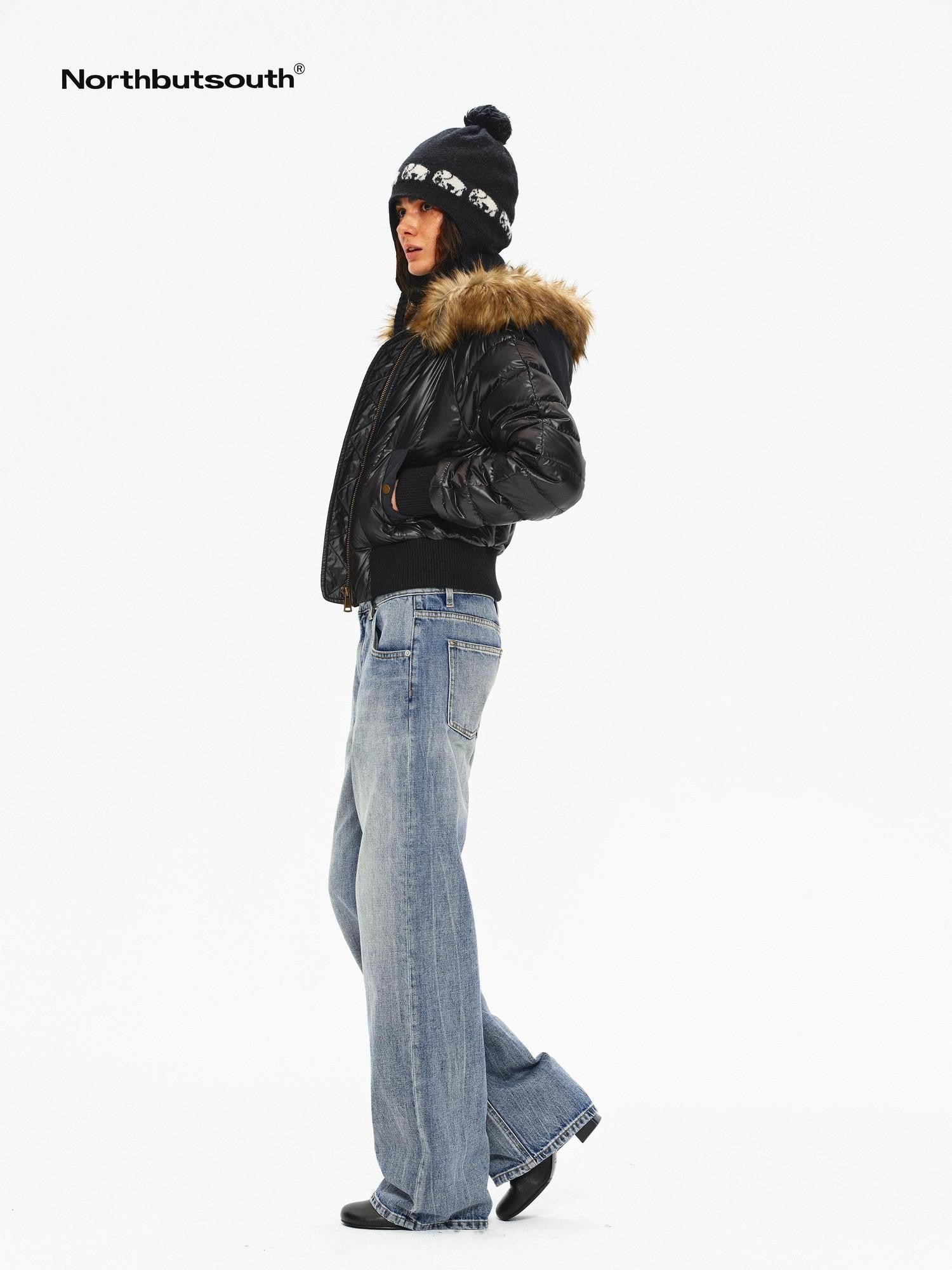 Northbutsouth Slim Fit Hooded Aviator Fur Collar Women&