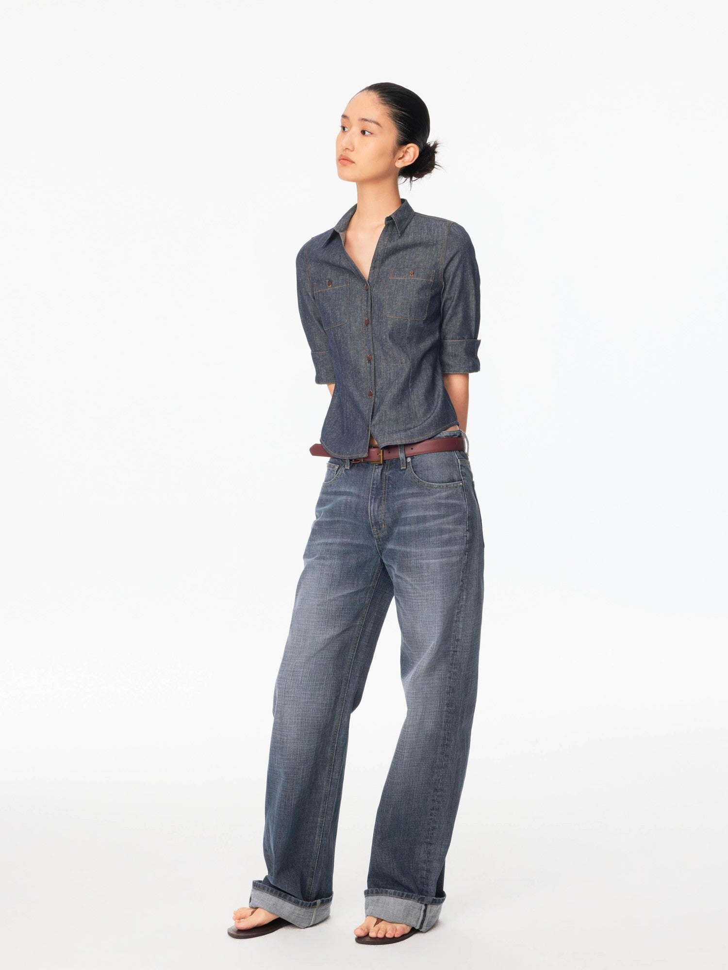 Northbutsouth Smoky Blue Washed Slub Mid Low Rise Women&