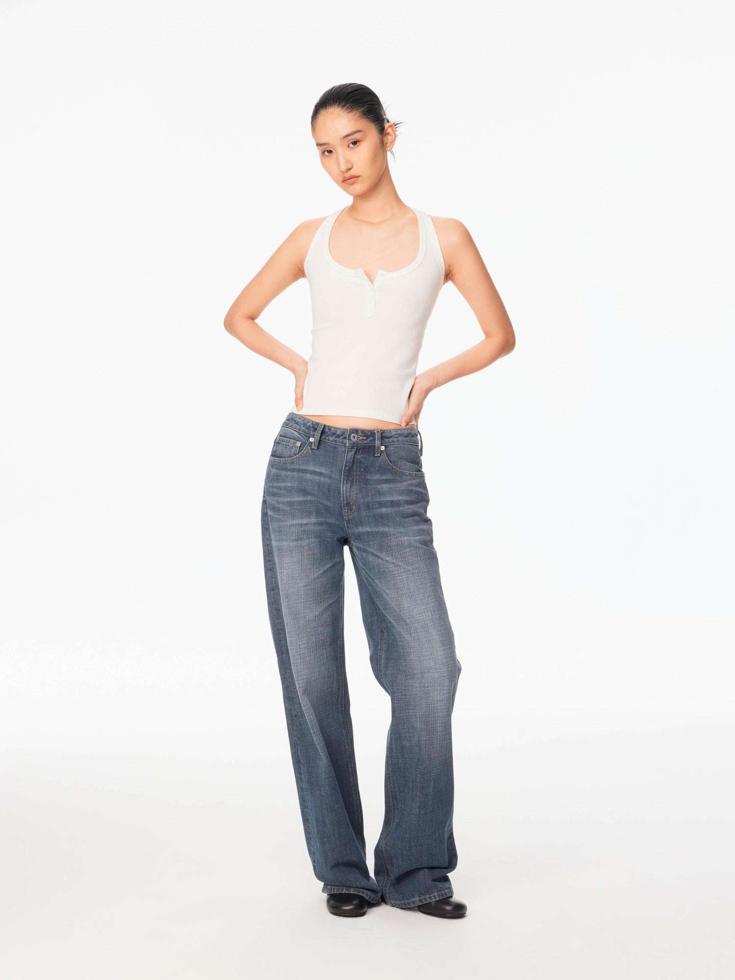 Northbutsouth Smoky Blue Washed Slub Mid Low Rise Women&