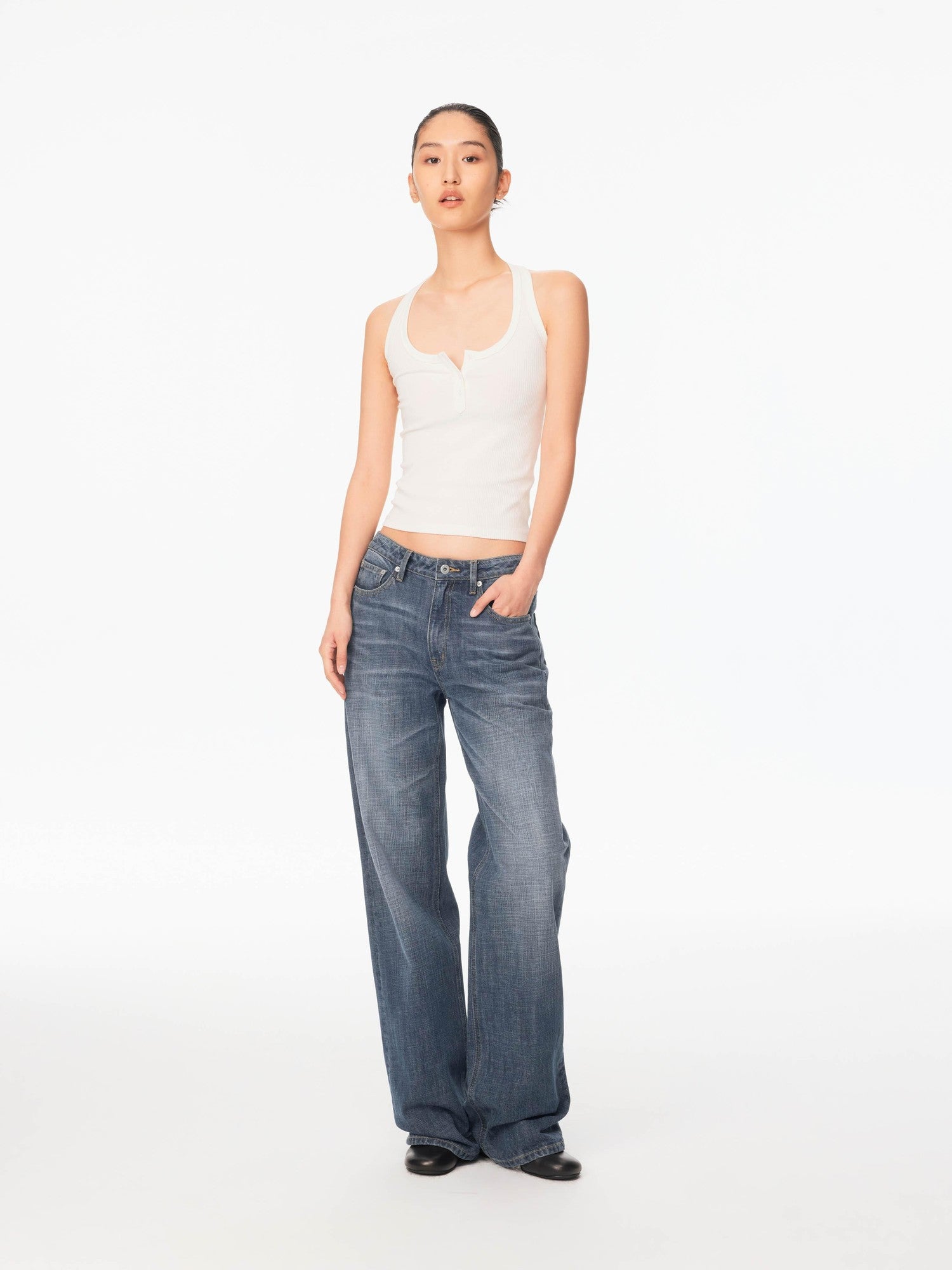 Northbutsouth Smoky Blue Washed Slub Mid Low Rise Women&