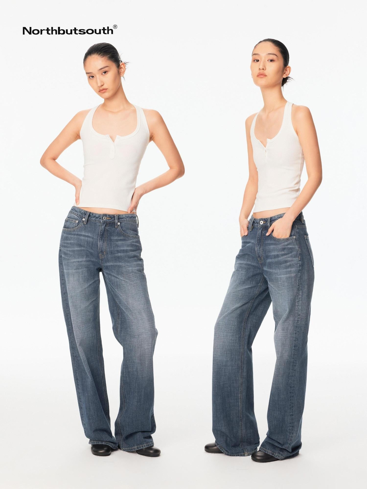 Northbutsouth Smoky Blue Washed Slub Mid Low Rise Women&