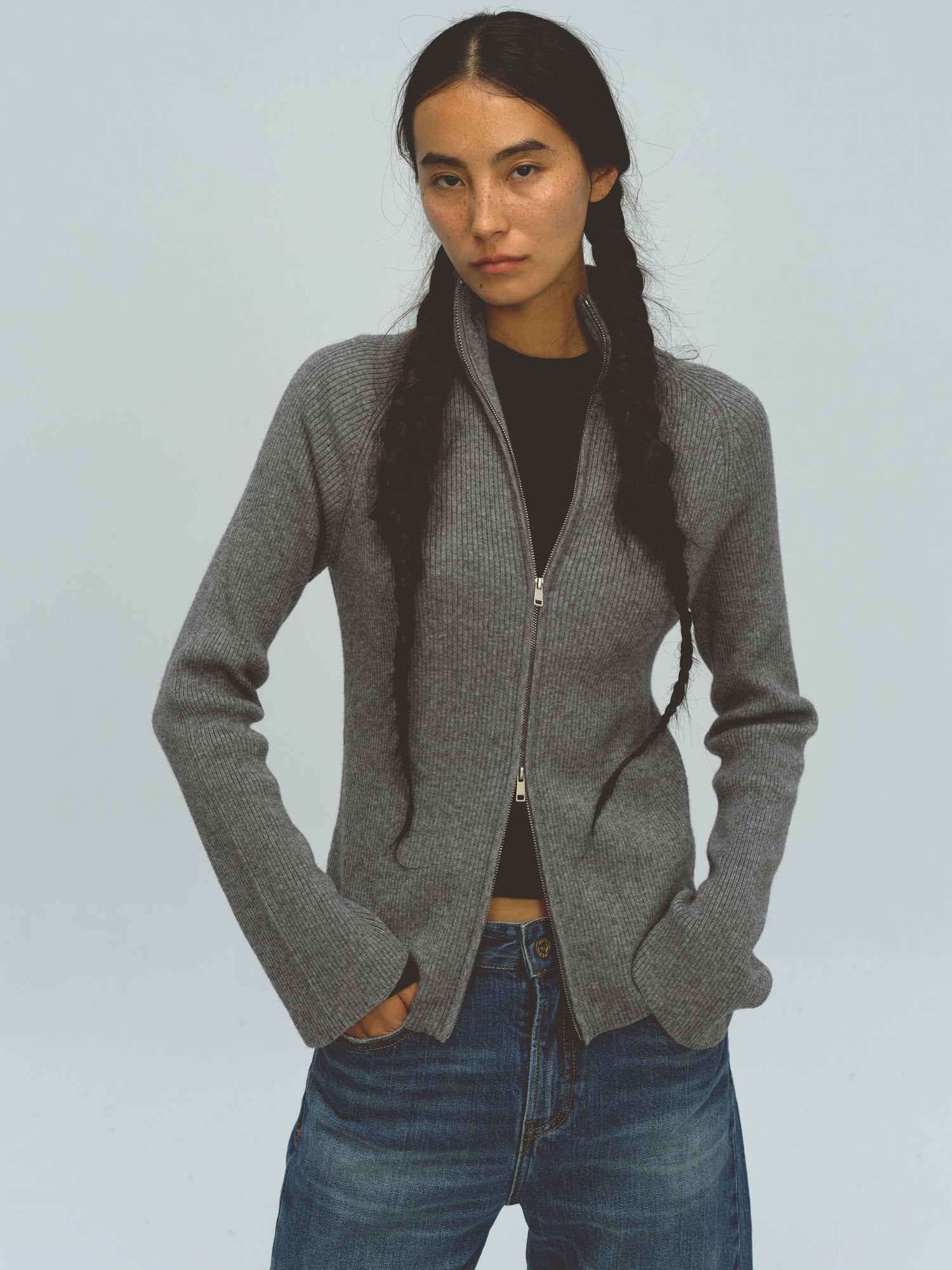 Northbutsouth Stand Collar Wool Double Headed Zipper Cardigan Sweater