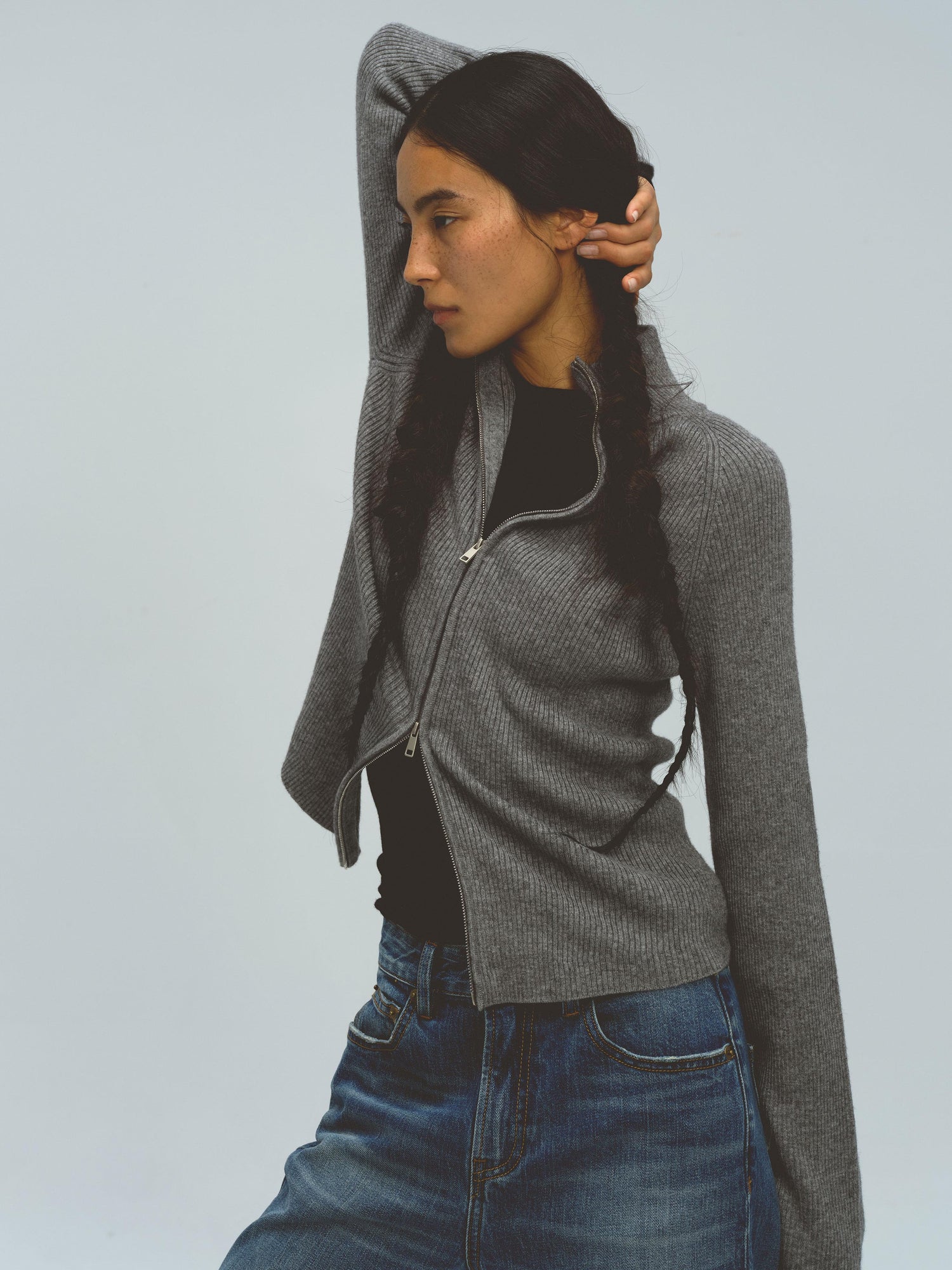 Northbutsouth Stand Collar Wool Double Headed Zipper Cardigan Sweater