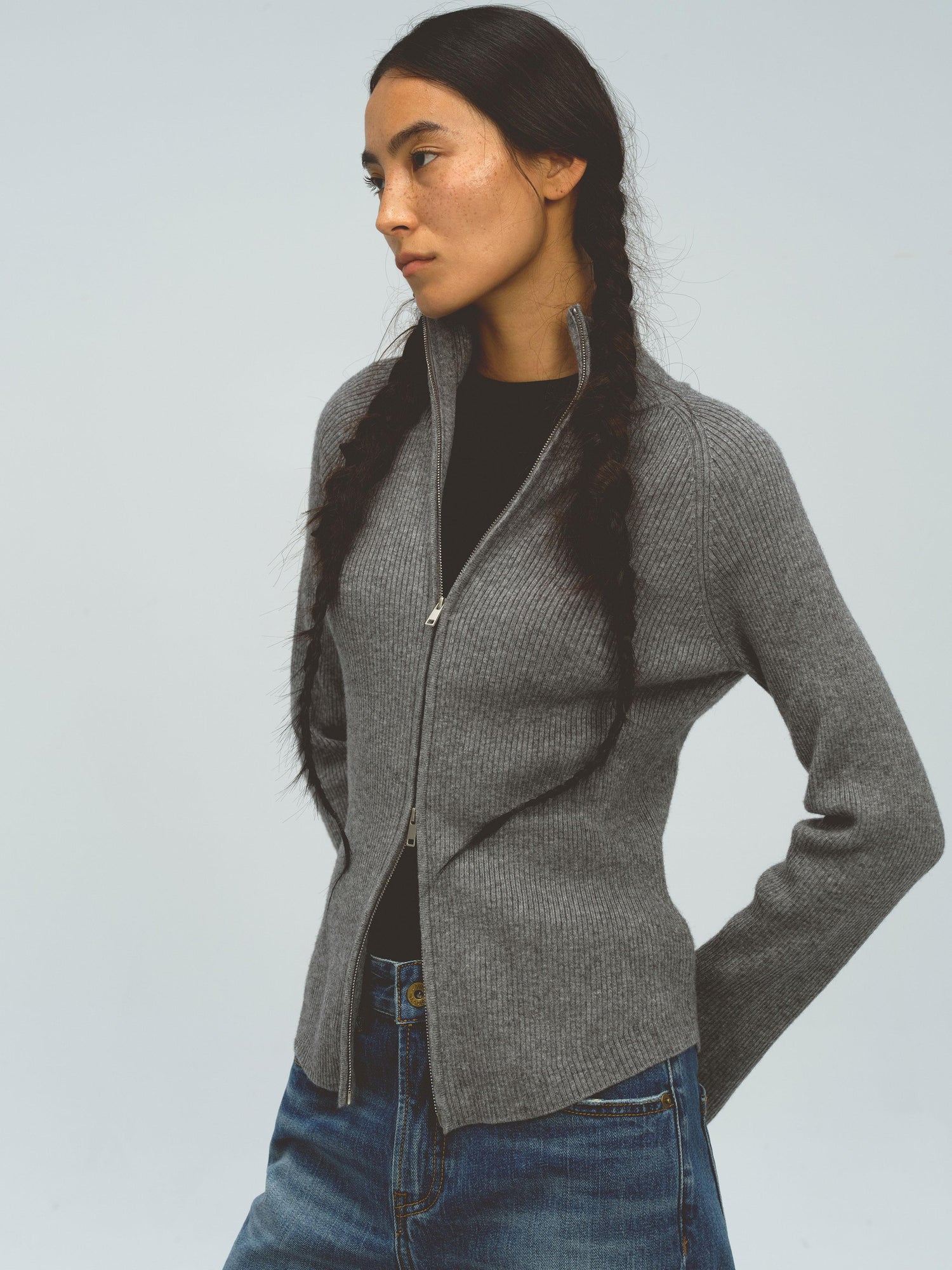 Northbutsouth Stand Collar Wool Double Headed Zipper Cardigan Sweater