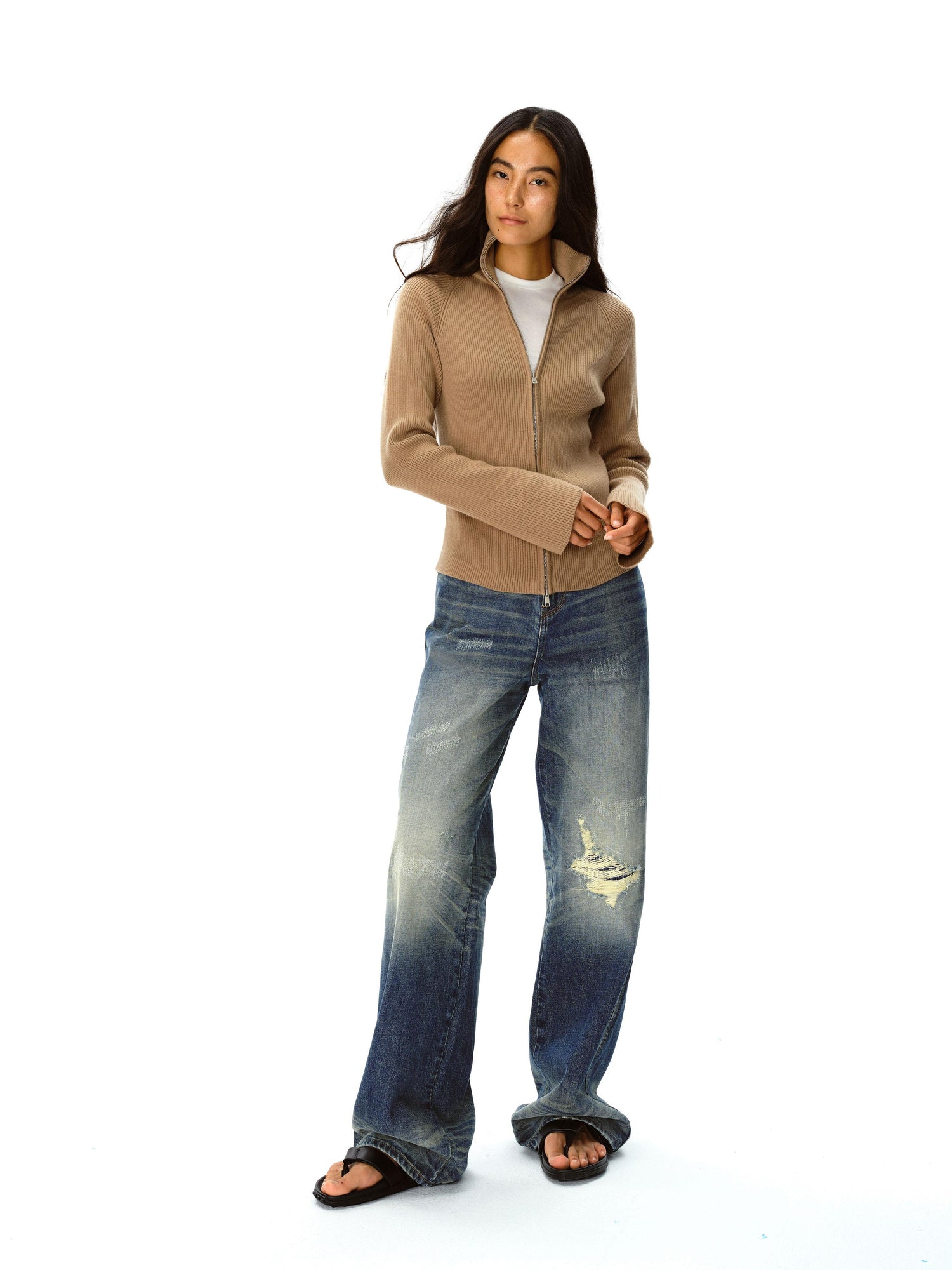 Northbutsouth Stand Collar Wool Double Headed Zipper Cardigan Sweater