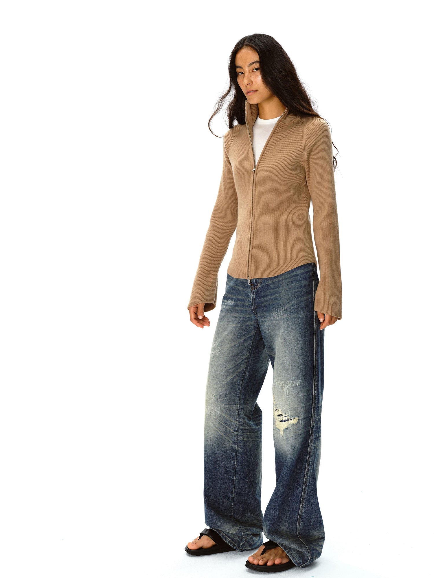 Northbutsouth Stand Collar Wool Double Headed Zipper Cardigan Sweater