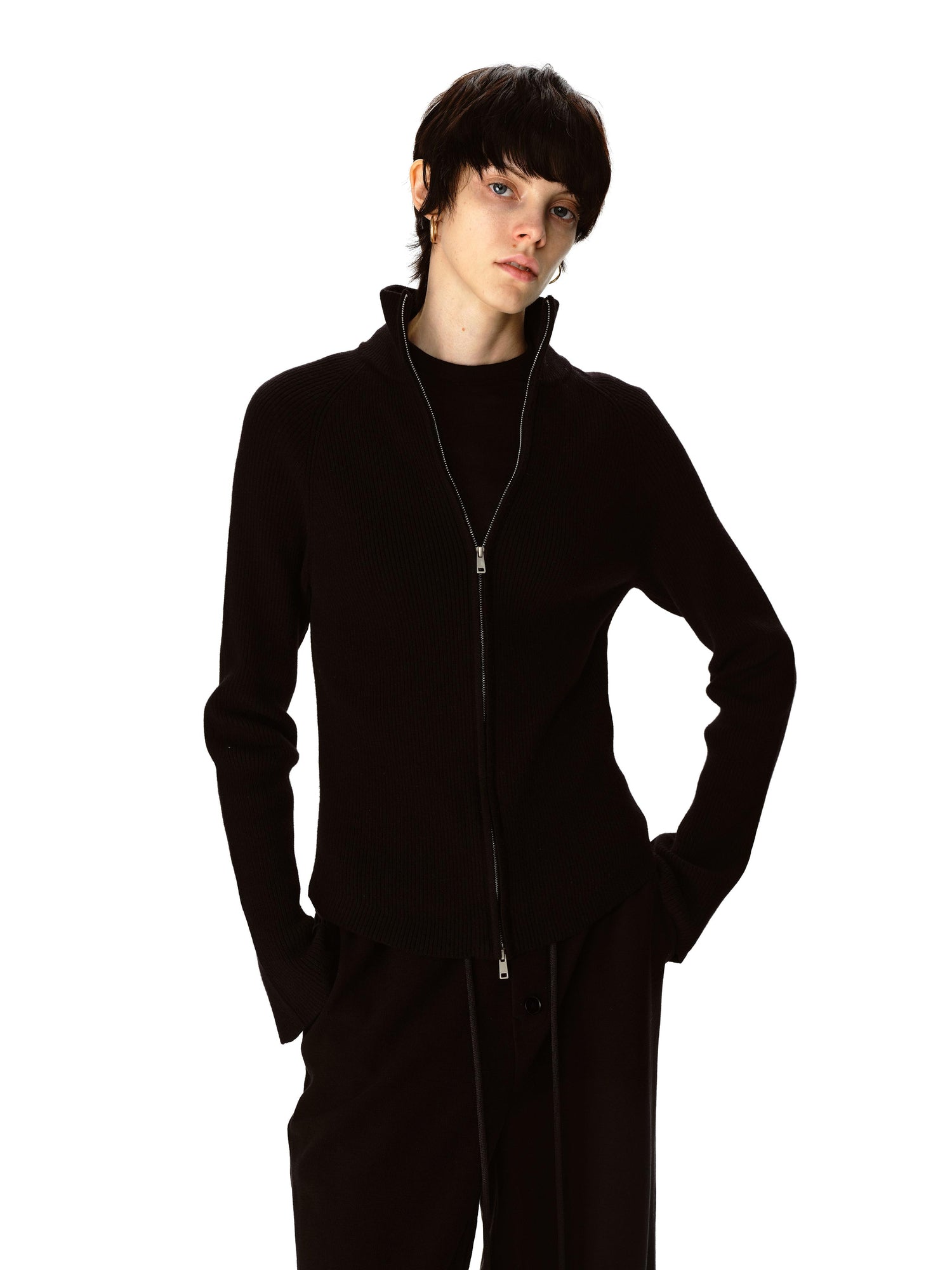 Northbutsouth Stand Collar Wool Double Headed Zipper Cardigan Sweater