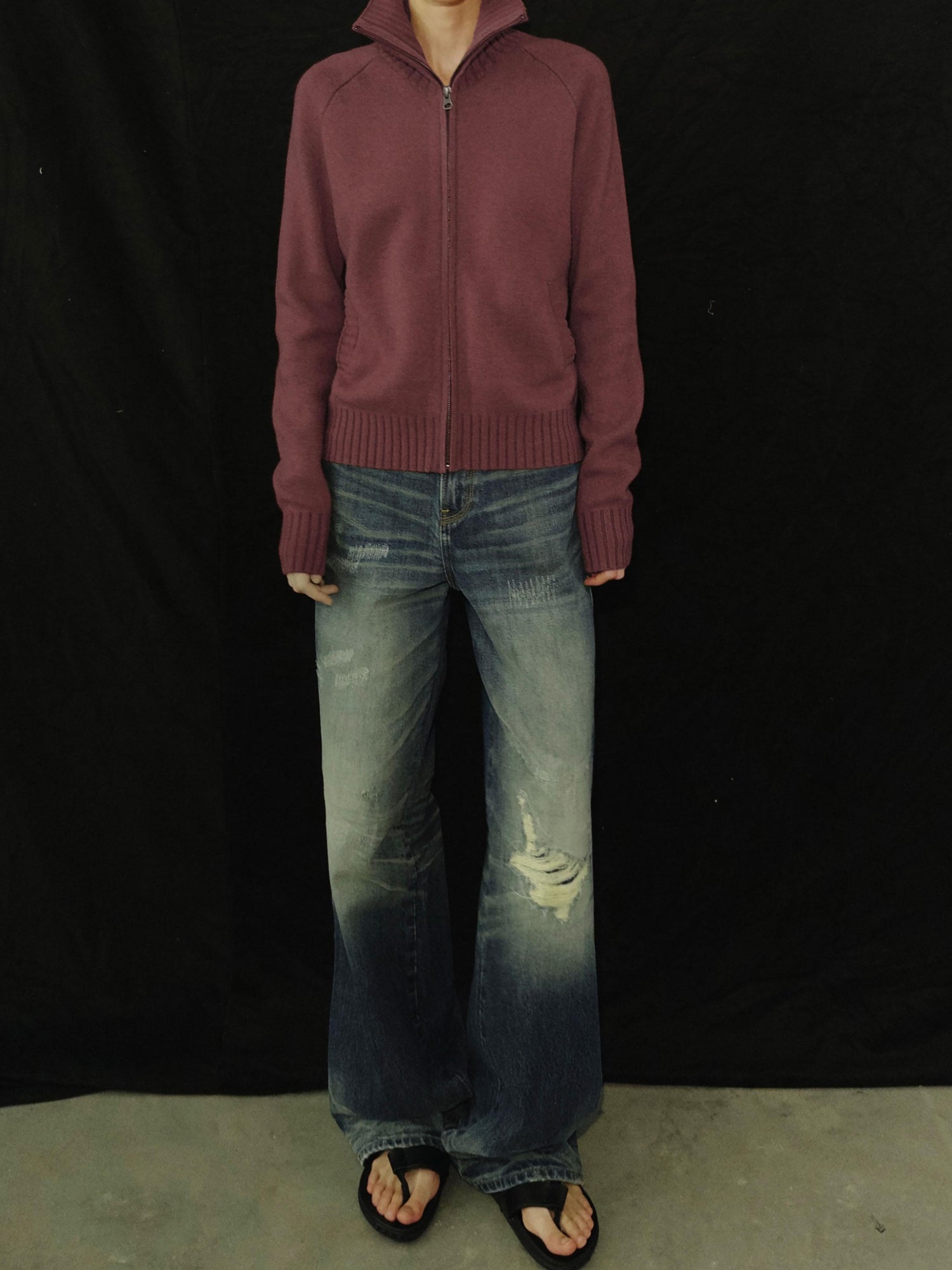 Northbutsouth Stand Collar Zip Up Knit Jacket With Pockets