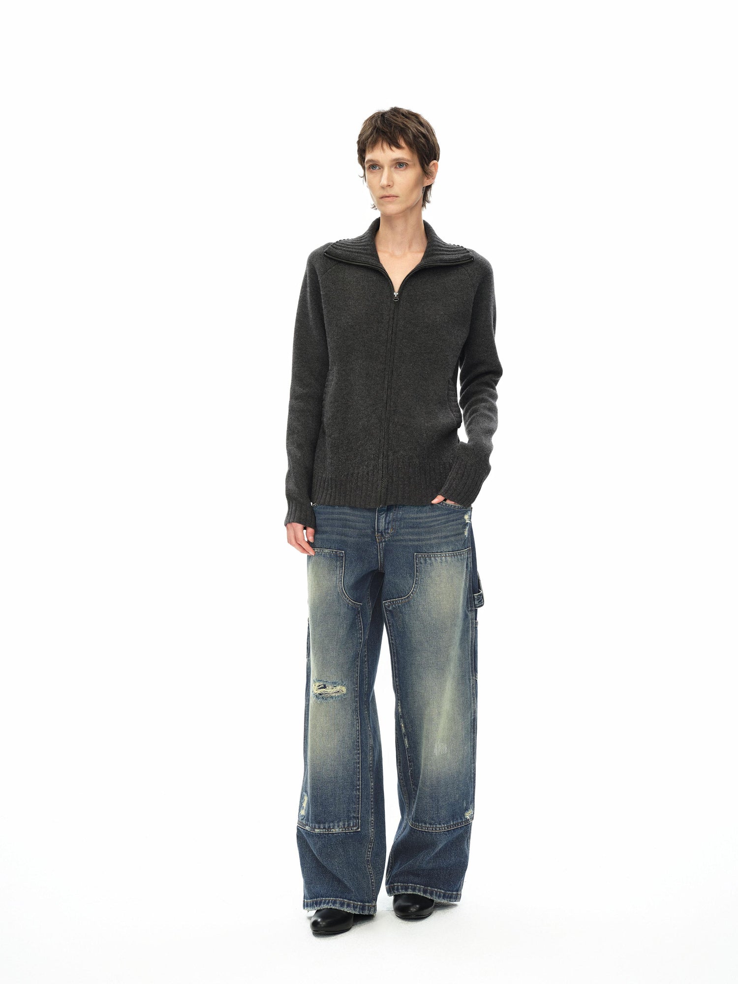 Northbutsouth Stand Collar Zip Up Knit Jacket With Pockets