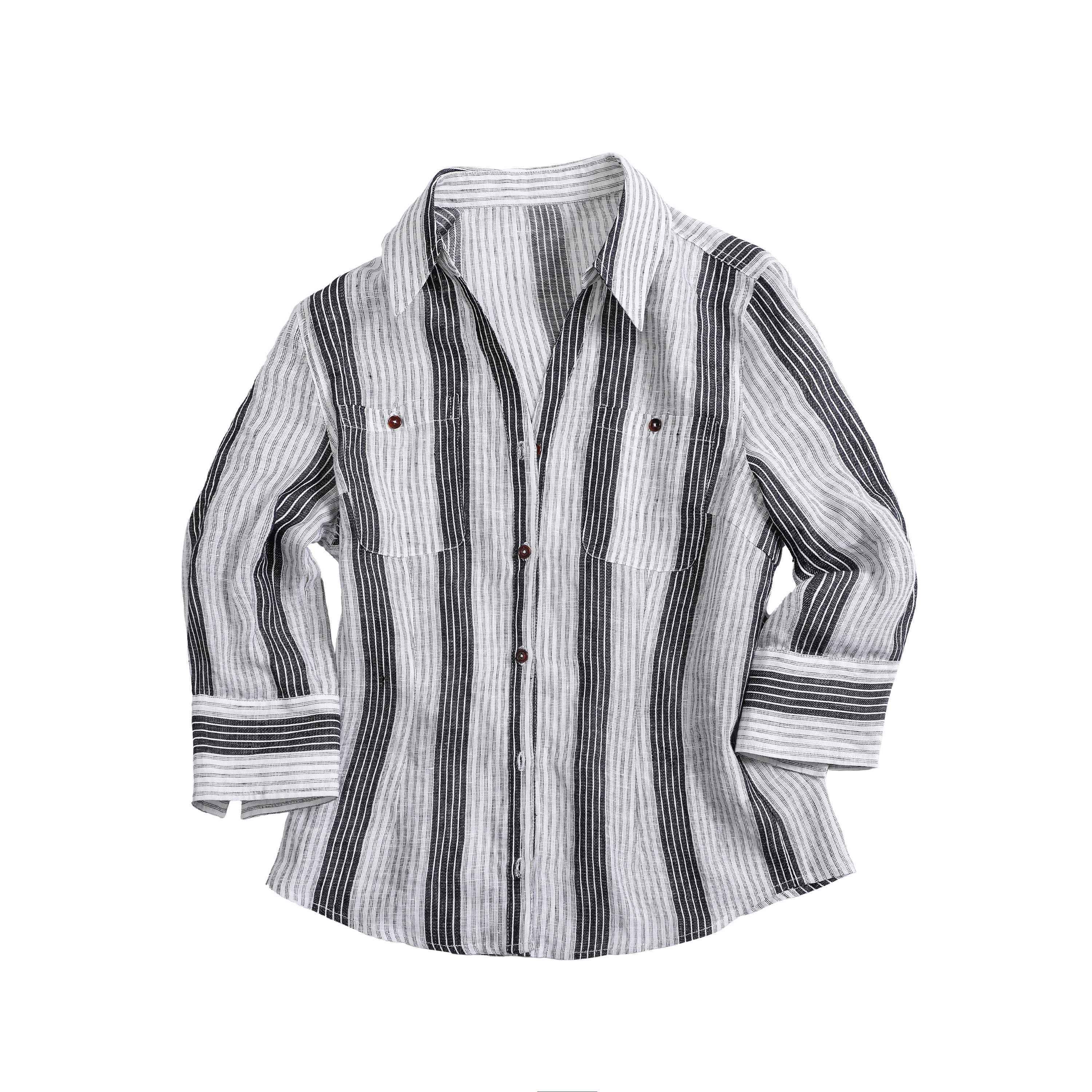 Northbutsouth_Striped_Cinched_Waist_V-neck_Rolled_Mid_Sleeve_Women&