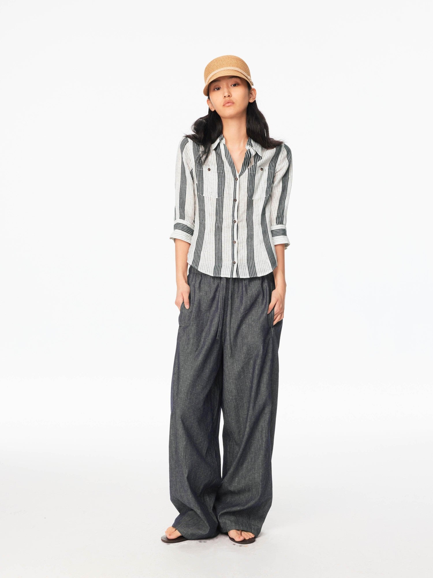 Northbutsouth Striped Cinched Waist V-neck Rolled Mid Sleeve Women&