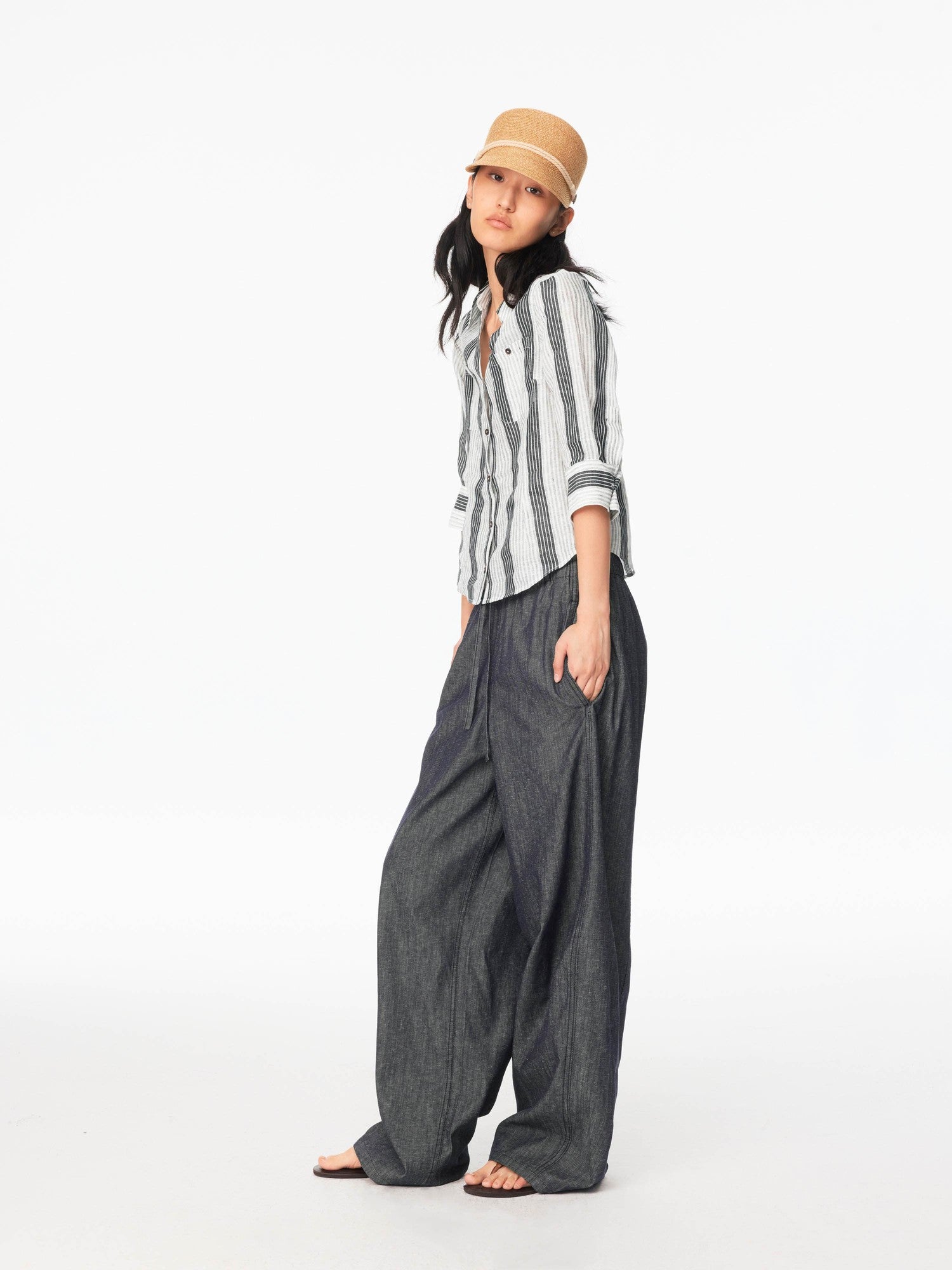Northbutsouth Striped Cinched Waist V-neck Rolled Mid Sleeve Women&